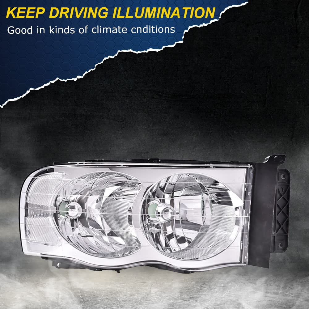 CHEDA Headlight Assembly for 2002-2009 Dodge Ram 1500/2500/3500, Clear Lens, Chrome Housing, Clear Reflector