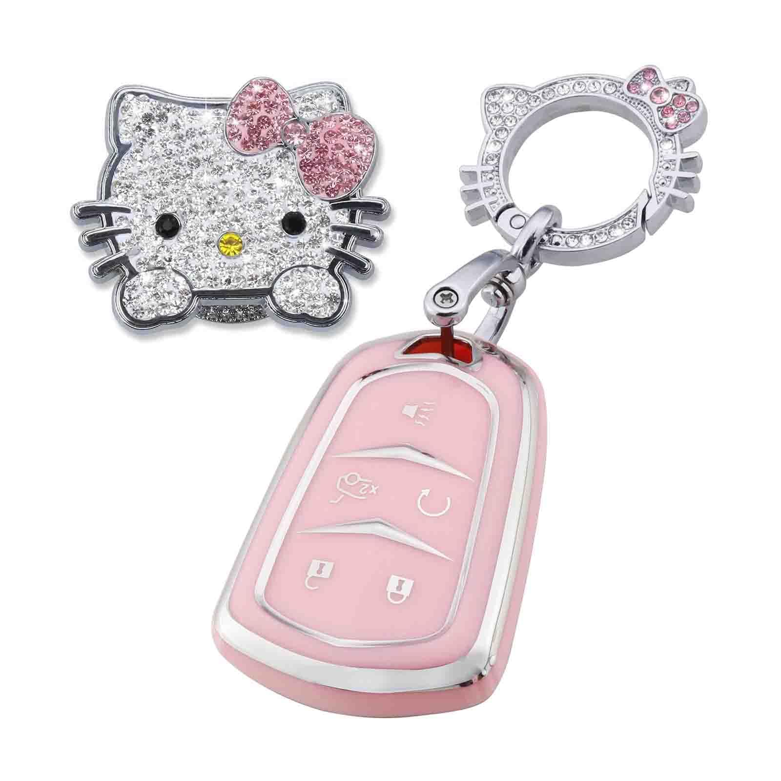 Pangpai Pink Car Accessories 3 Pcs For 5 Buttons Cadillac Escalade Cts Srx Xt5 Ats Ct6 Key Fob Cover With Bling Keychain Cute Pu