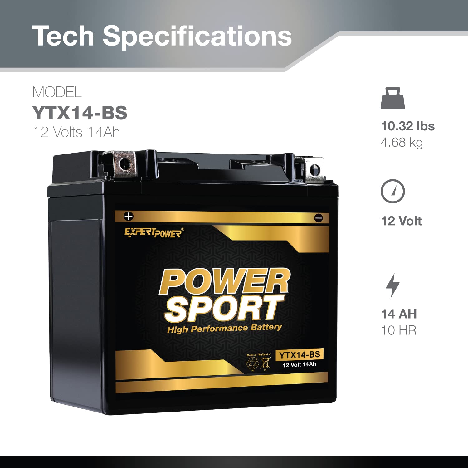 ExpertPower ETX14-BS 12V 14Ah Sealed Maintenance-Free Battery Replacement for YTX14-BS