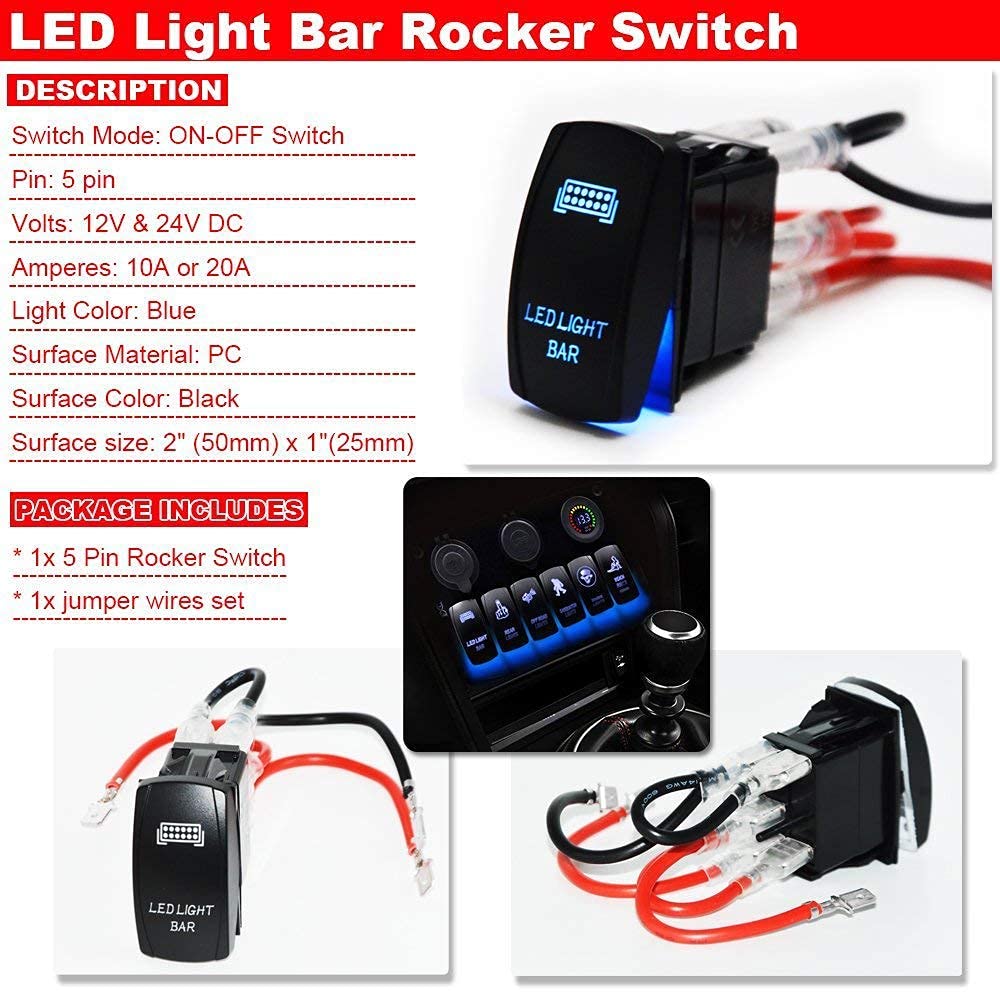 XJMOTO LED Light Bar Rocker Switch 5 Pin 20A 12V Blue Backlit Compatible with UTV Polaris Ranger RZR XP Turbo Can Am Commander M