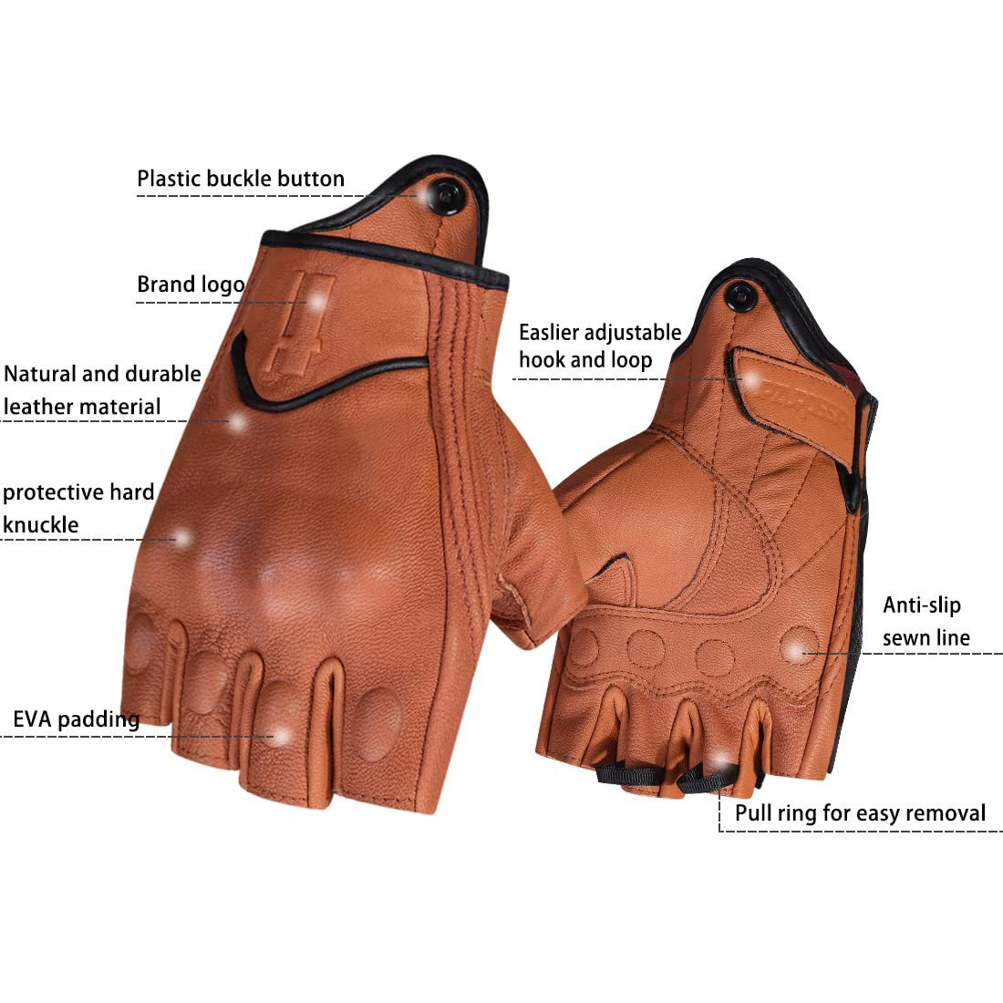 Harssidanzar Mens Half Finger Goatskin Leather Motorcycle Gloves Gm037,Tan,Size M