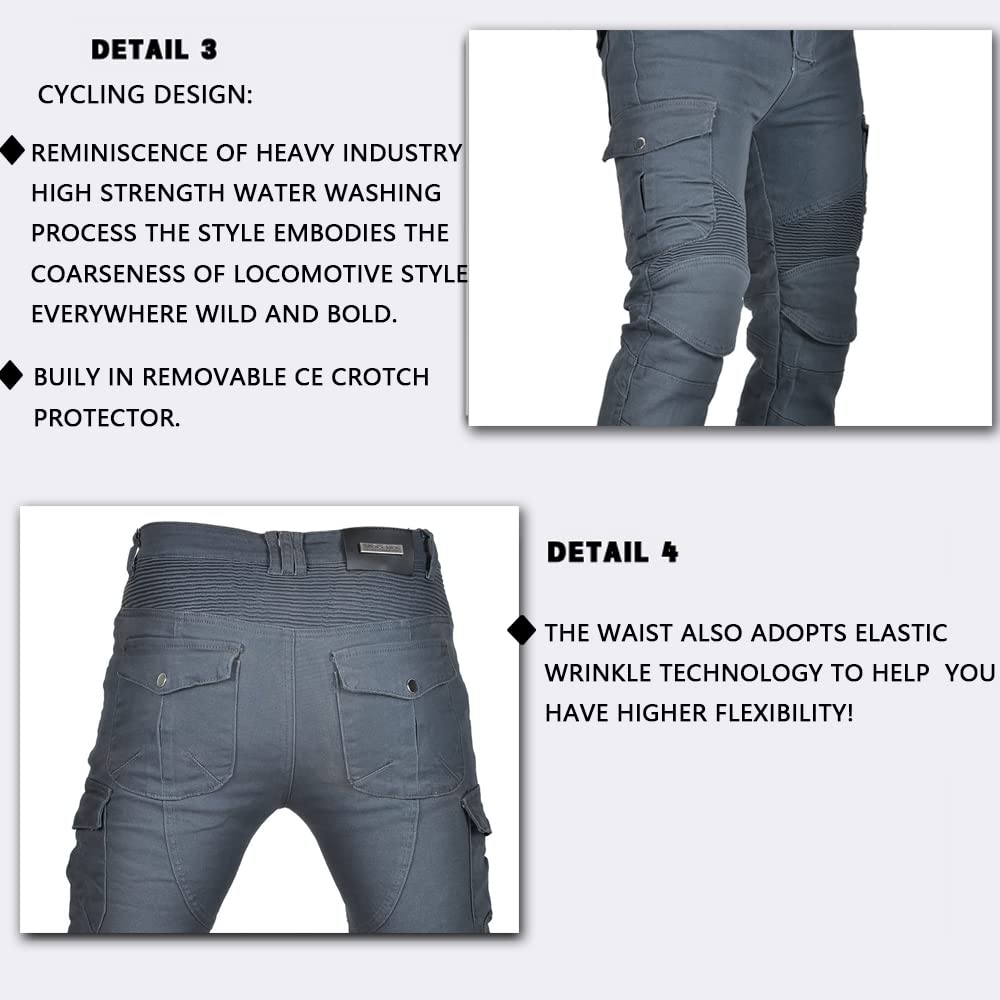 LOMENG Motorcycle Pants Motorbike Riding Denim Jeans Biker Motocross Pants with CE Removable Armored for Men Grey XL
