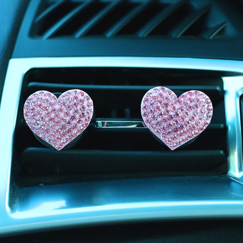 2Pcs Bling Crystal Cute Heart Charms Air Vent Clips - Pink Rhinestone Car Decoration