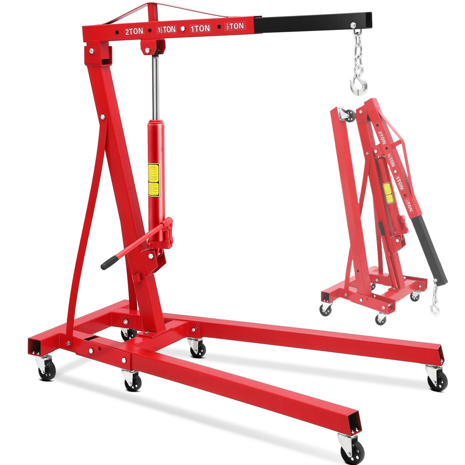 4400 Lbs Folding Hydraulic Engine Hoist, 2 Ton Portable Cherry Picker with 6 Wheels & Telescopic Boom, Foldable Engine Shop Cran