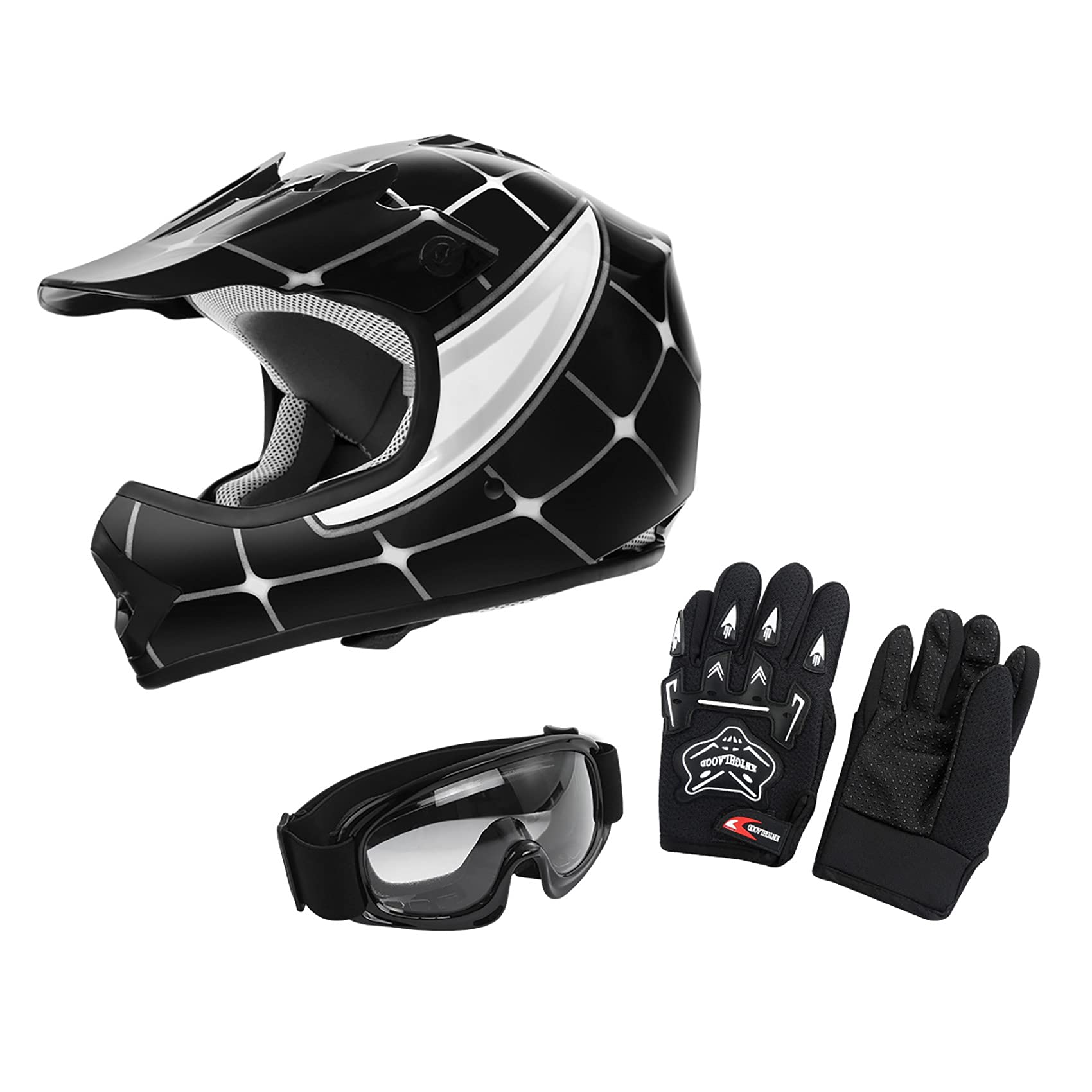 Xfmt Dot Youth Kids Motocross Offroad Street Dirt Bike Helmet Goggles Gloves Atv Mx Helmet  (Black Spiders, Large)