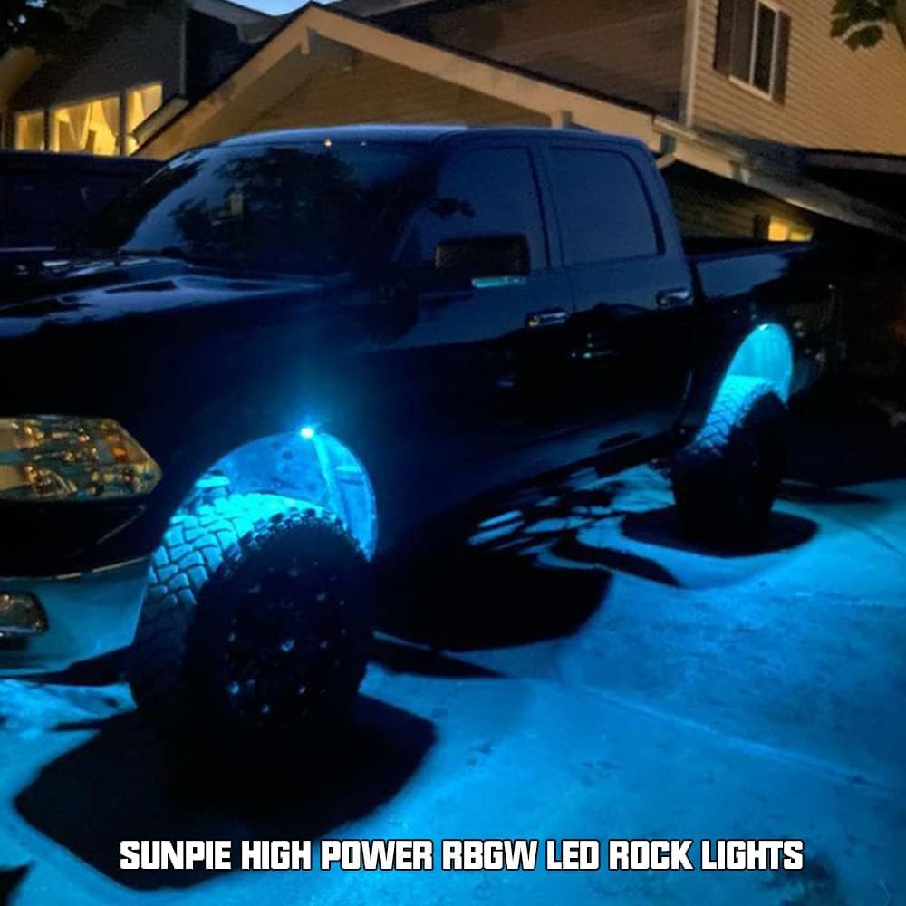 SUNPIE RGBW Rock Lights Kit - 16 Pods, 210° Wide Angle, Voice/Music Control, Metal/Plastic, Black, for Trucks/ATVs/Boats