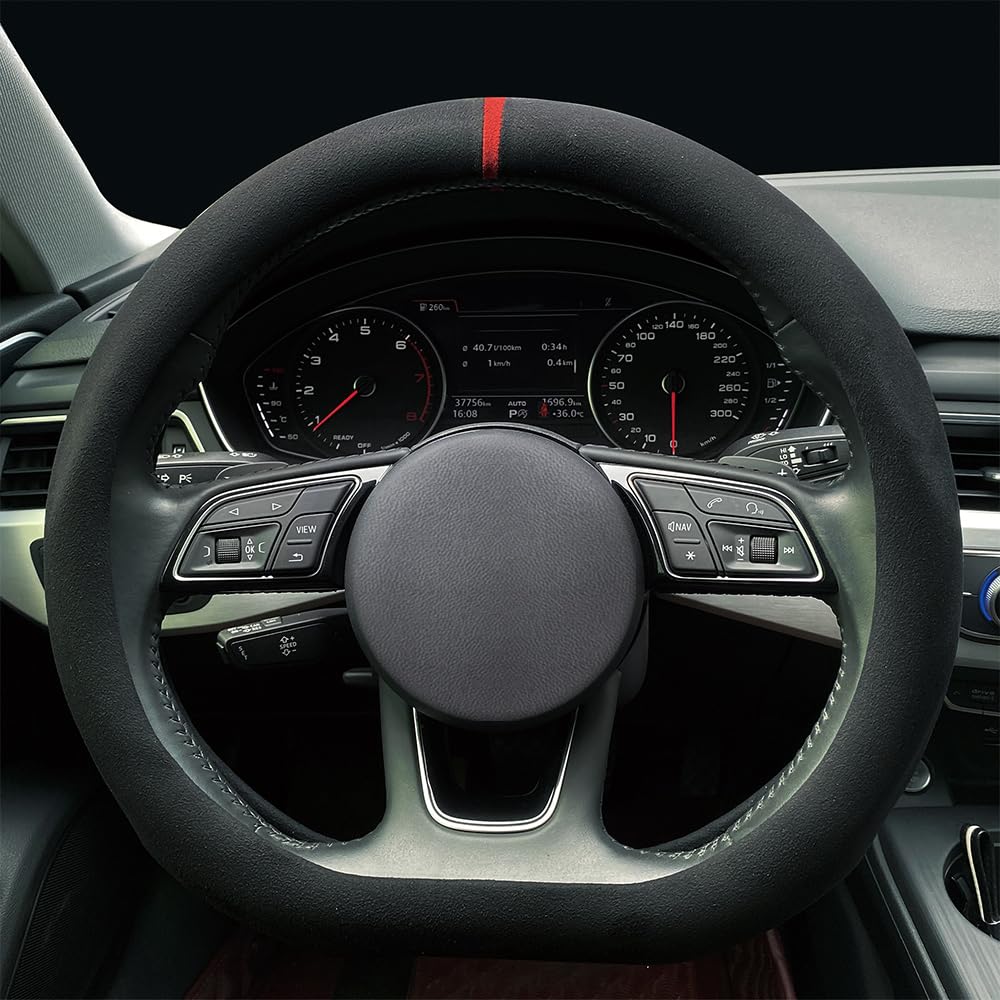 Carodi Car Suede Steering Wheel Cover Car Non-Slip Leather Car Interior Fitting 15-Inch Universal(D-Shape,Black Red Label)