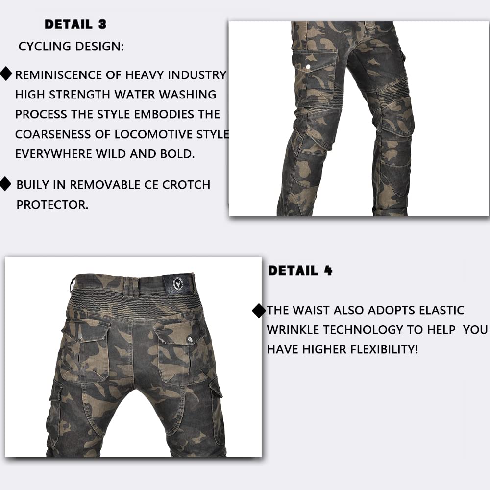 LOMENG Motorcycle Pants Motorbike Riding Denim Jeans Biker Motocross Pants with CE Removable Armored for Men Camouflage S