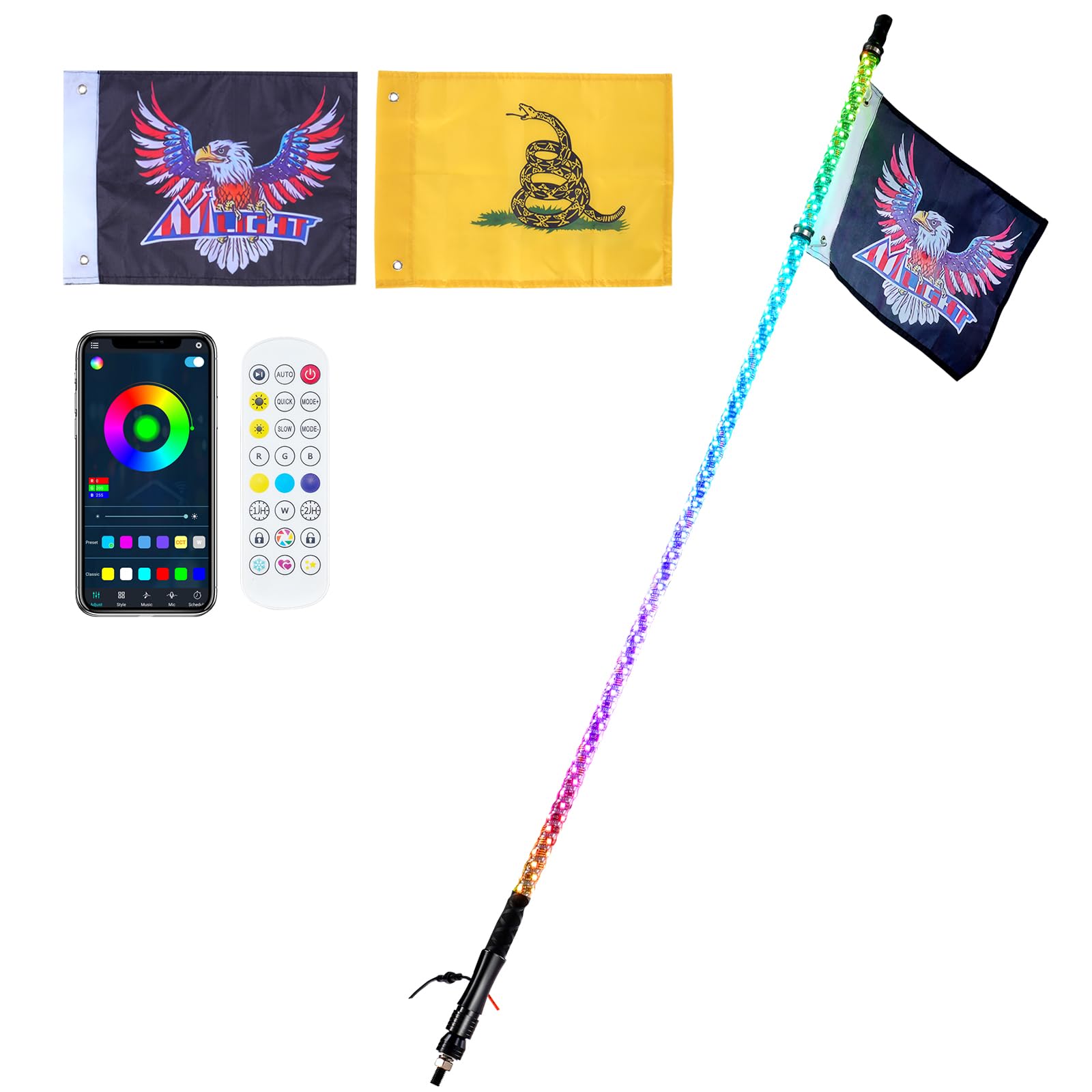 2 PCS 4 FT Whip Light, APP & RF Remote Control Led Whip Light, Waterproof 360 Spiral RGB Chasing Lighted Whips with 4 Flags, for
