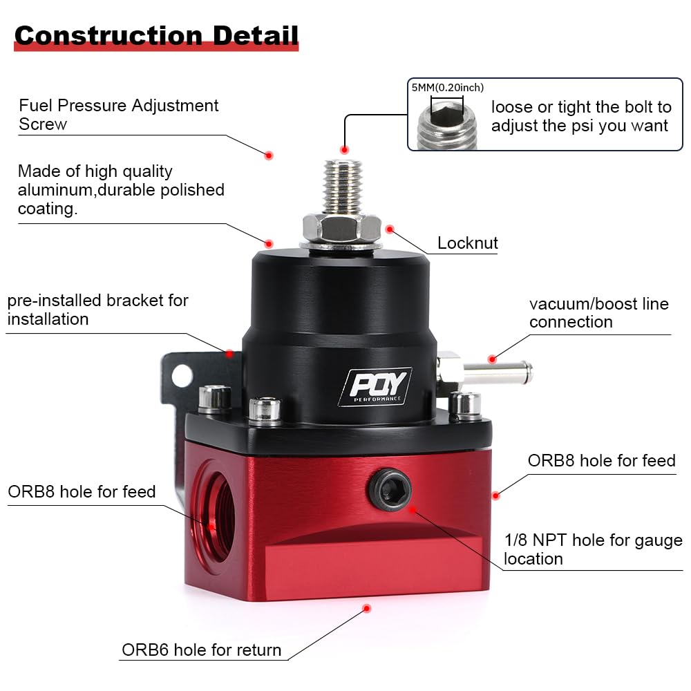 PQY Adjustable Fuel Pressure Regulator Kit 3-70PSI with AN8 Feed Port and AN6 Return Port (red+black)