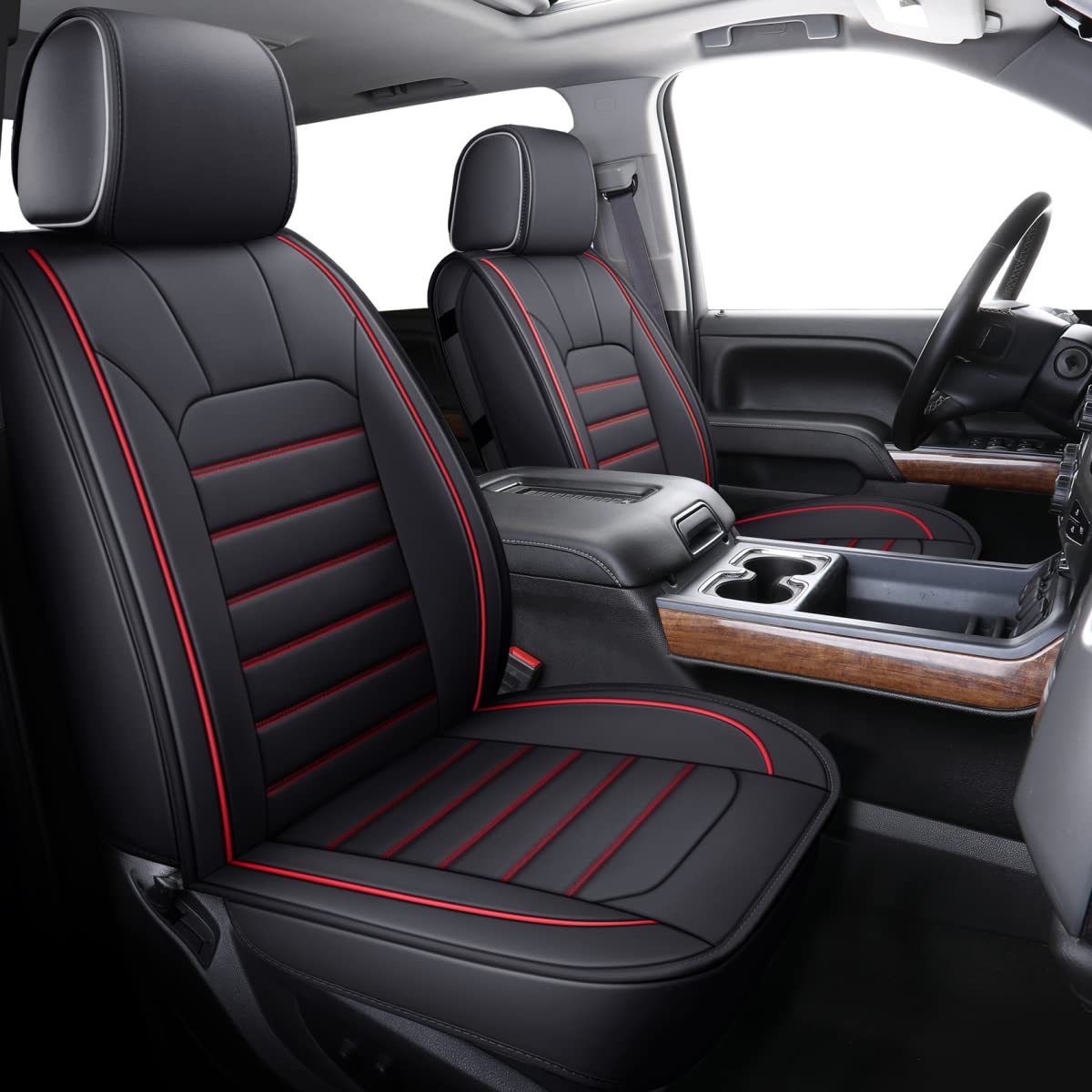 Luckyman Club 2 Front Silverado Seat Covers Fit For 2007-2023 Sierra Chevy Silverado 1500/2500 Hd / 3500 Hd With Water Proof Faux Leather (Black & Red 2 Pcs)