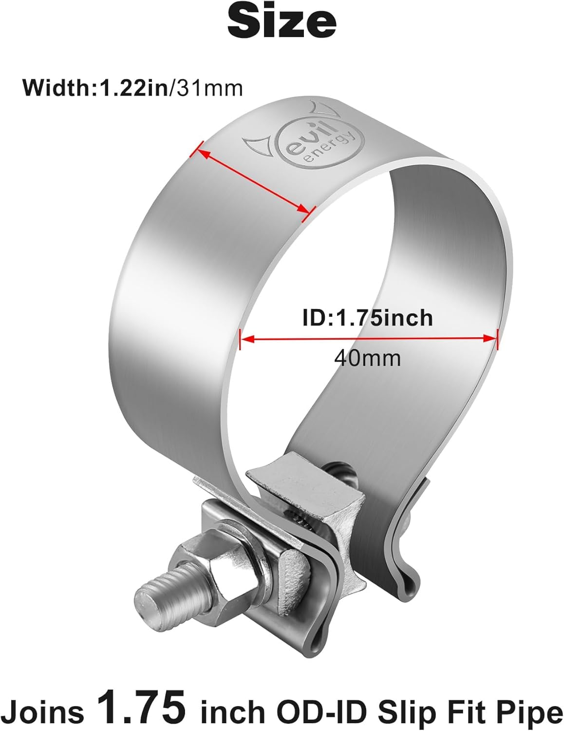 Evil Energy 1.75 Inch Exhaust Clamp,1 3/4 ' ' Narrow Band Muffler Clamp Stainless Steel For Heavy-Duty Exhaust Systems, Downpipe