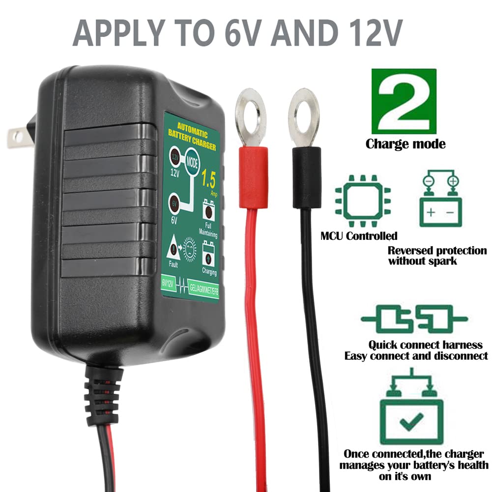 Unocho 6V 12V 1.5A Smart Battery Charger - Automatic Trickle & Float Charger for Car, Motorcycle, Lawn Mower, Boat, Snowmobile