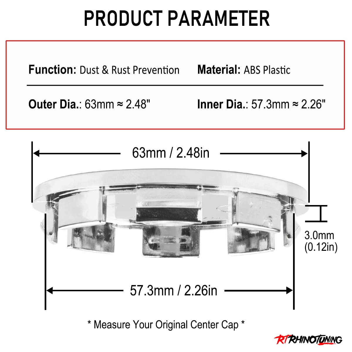RTRHINOTUNING 63mm Wheel Center Caps for Dodge Dakota/Ram 1500/Durango, Chrome, ABS Material, 4 Pack