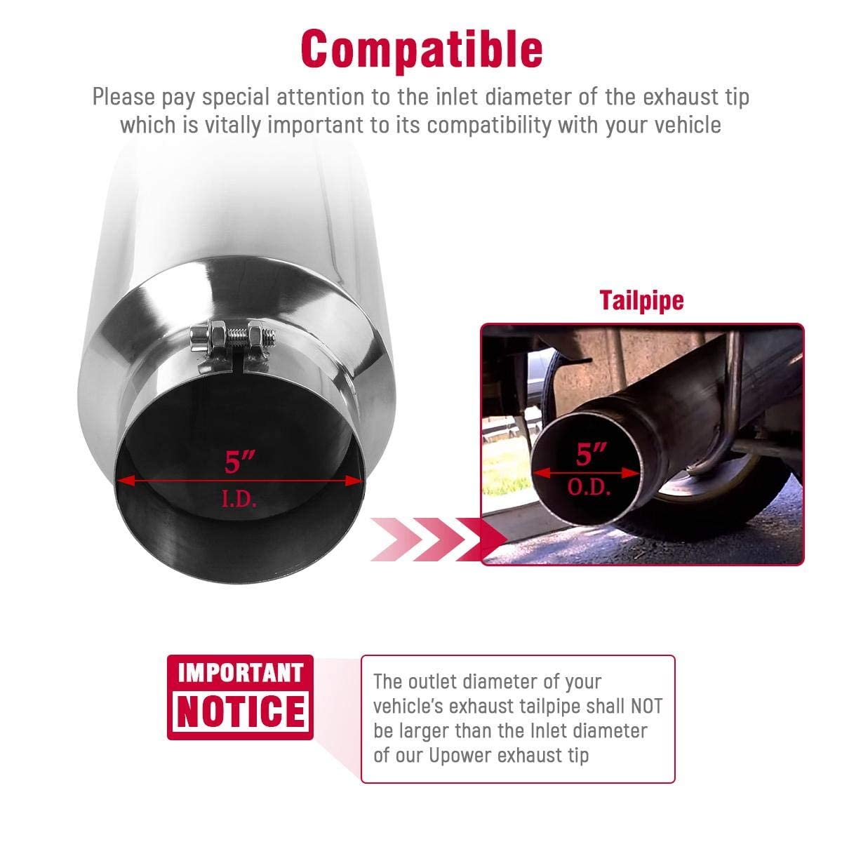Upower 5'' to 8'' Diesel Exhaust Tip Universal Trucks Car Chrome 5 In Inlet 8 In Outlet Exhaust Tip 15'' Long 5 x 8 x 15 Inch Di