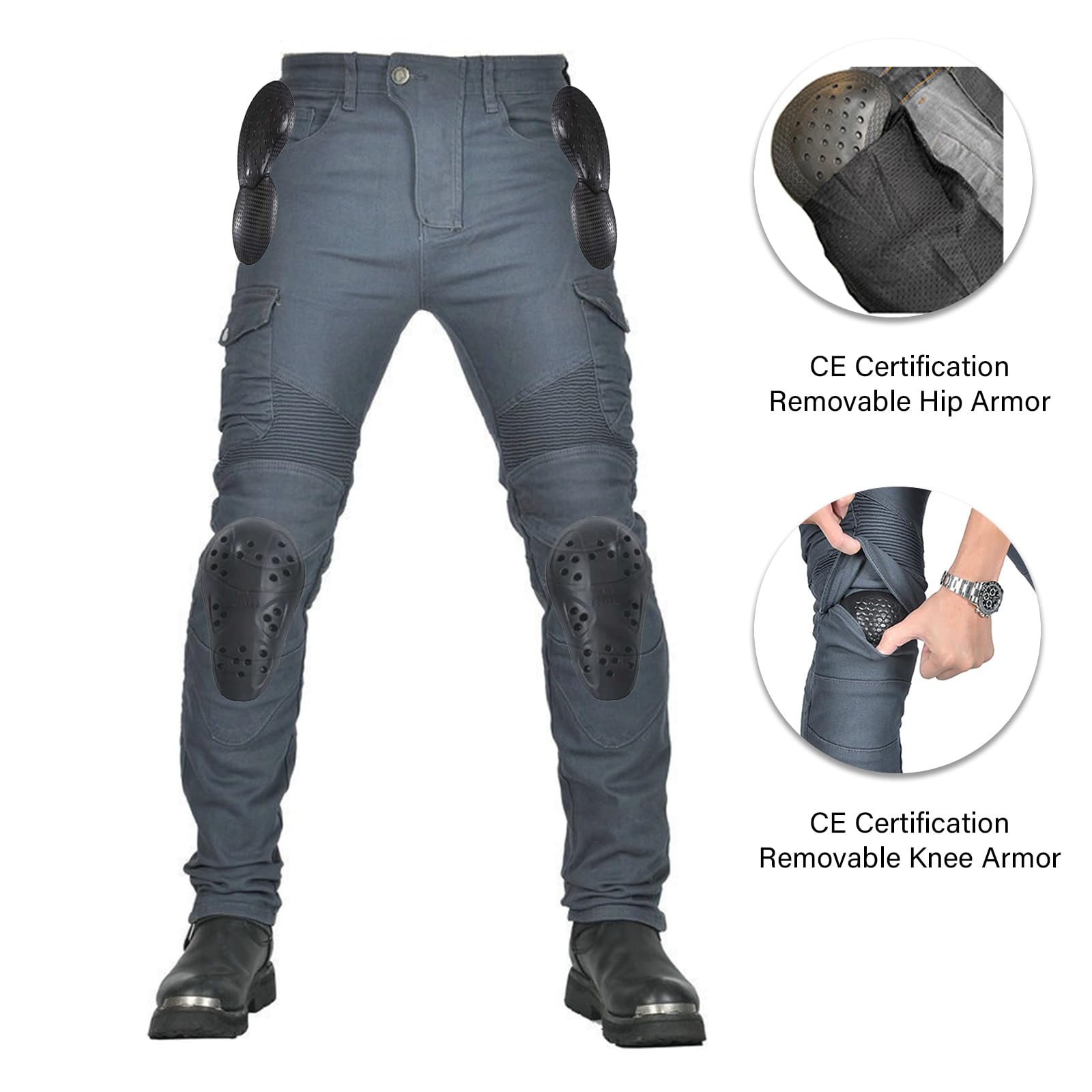 LOMENG Motorcycle Pants Motorbike Riding Denim Jeans Biker Motocross Pants with CE Removable Armored for Men Grey M