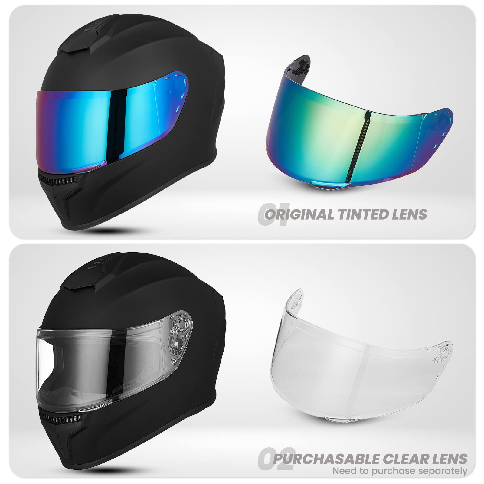 Auboa MD-813 Full Face Motorcycle Helmet for Men & Women, DOT Approved, Large, Matte Black, ABS Material, Tinted Visor