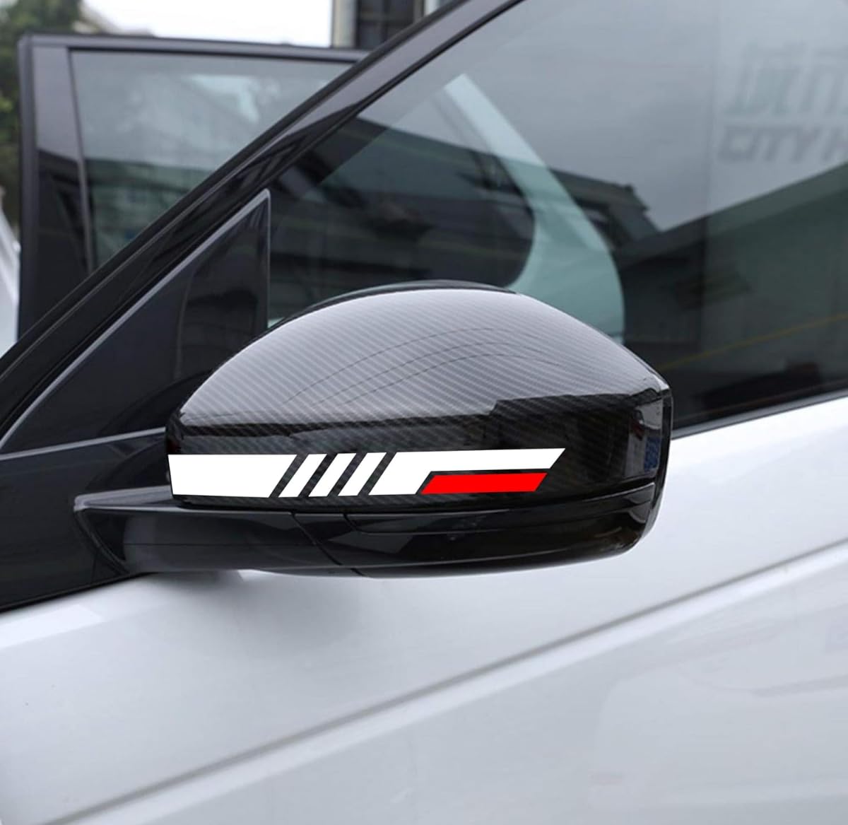 Car Side Mirror Stripe Decal Sticker, White And Red, Racing Style, Universal Fit, 18 Cms Big Flag, Water Proof, Scrach Resistant
