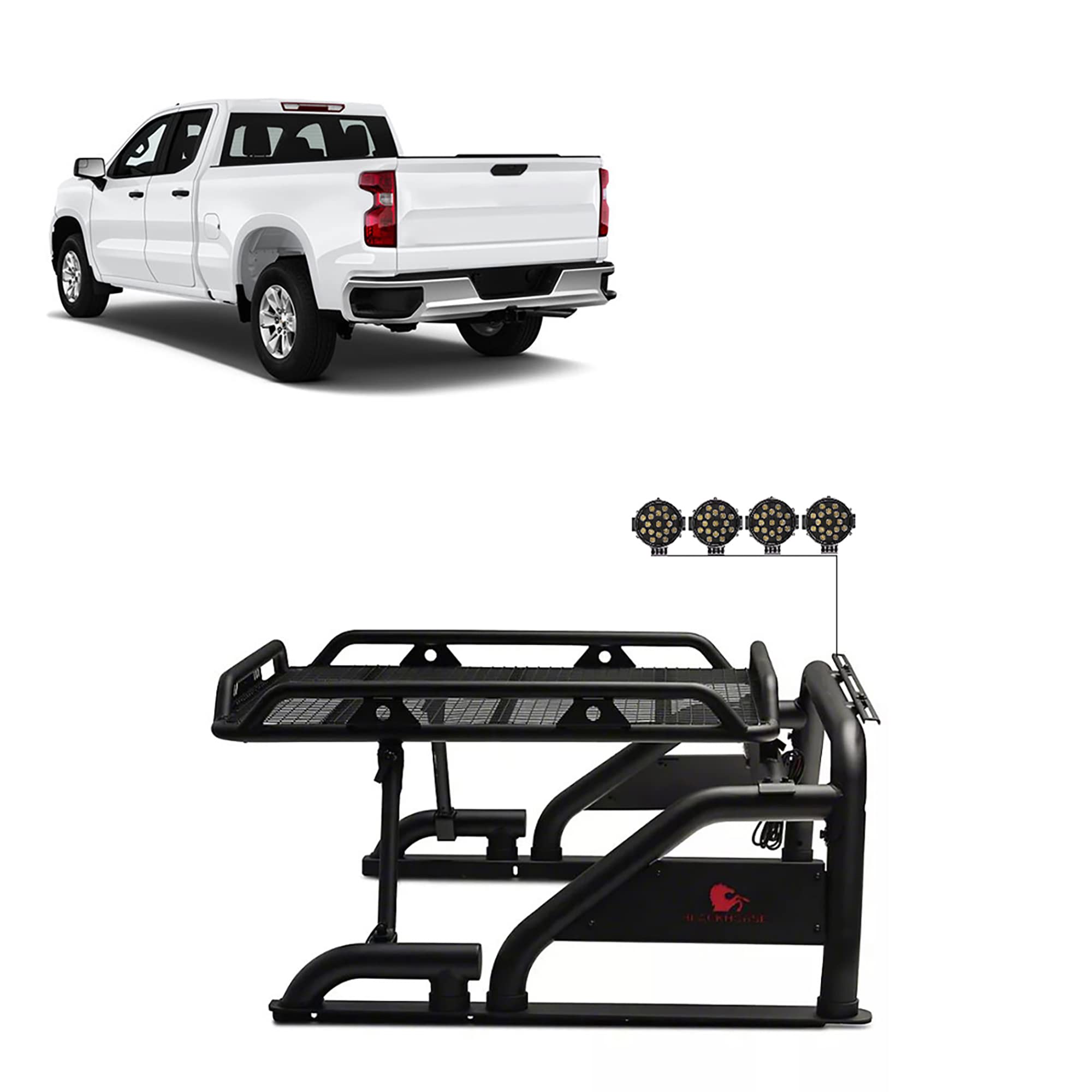 Black Horse Warrior Roll Bar Incl. Pair Of 7.0' Dia.Led Lights W/Black Trim Rings Compatible With 1/2 Ton Trucks (Gm Silverado 14+/Ford F150 15+/Dodge Ram 15+) With Full Size Cargo Basket