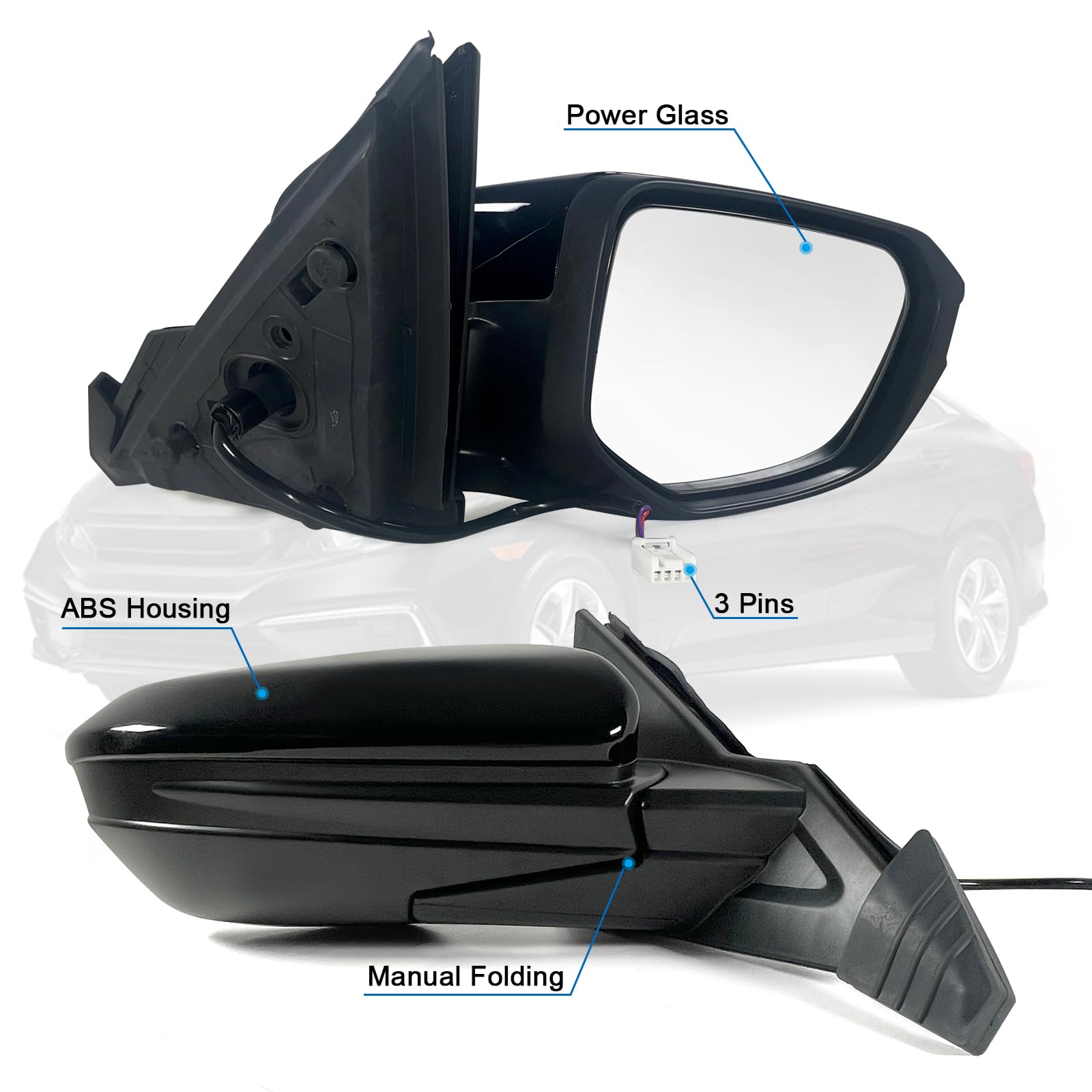 Lqito Right Passenger Side Door Mirror for 2016-2021 Honda Civic LX SE Sport, Power, Black, ABS, Model 76208TBAC03ZA, 3 Pins