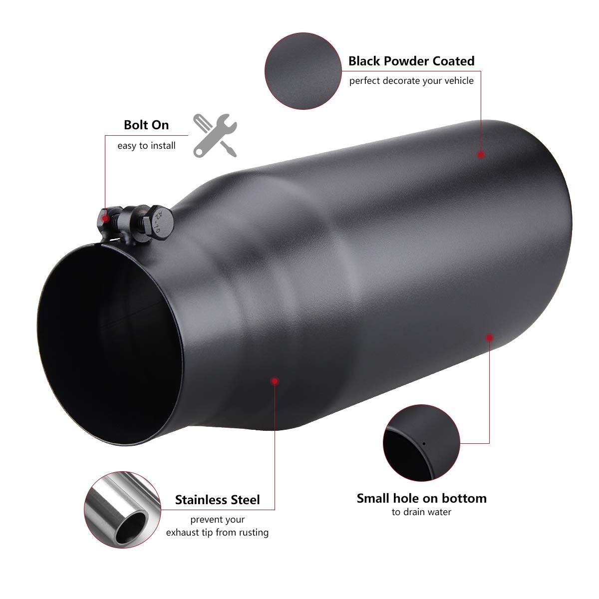 LCGP Diesel Exhaust Tip, 4"x6" Outlet, 15" Long, Rolled Angle Cut, Black Powder Coated, 201 Stainless Steel, Model SH406015RACBK