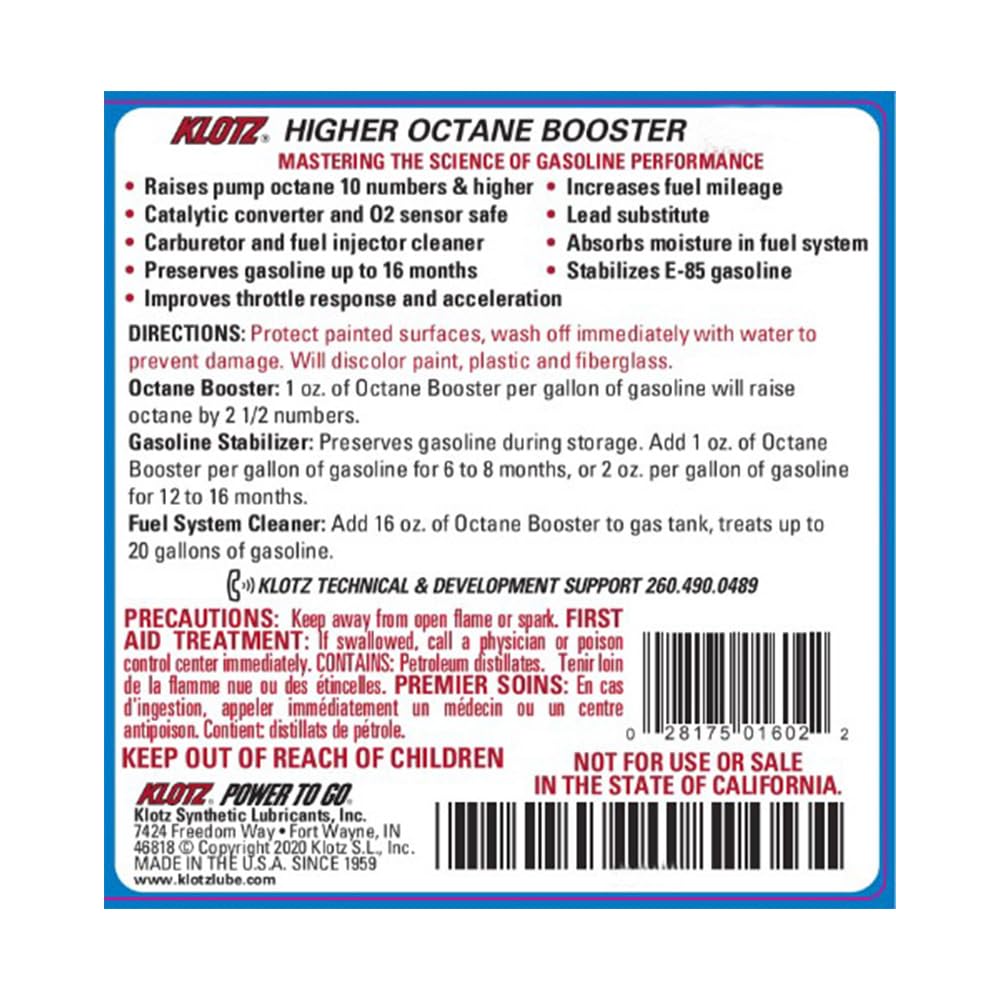 Klotz Higher Octane Booster Fuel Treatment - 1 Gallon, Model KL-628, Enhances Performance