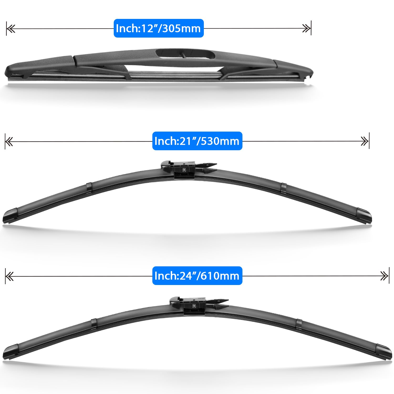 Raintok Windshield Wiper Blades Set for Buick Enclave 2012-2017, 24"/21"/12" Rubber Front & Rear Replacement Wipers, Original Quality