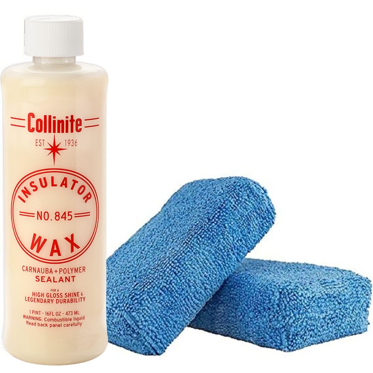 Collinite 845 Insulator Wax - Carnauba & Polymer Sealant, 16 fl oz, High Gloss, Durable Paint Protection, Includes 2 Microfiber Blocks