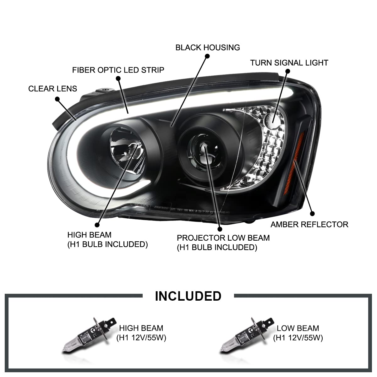 SPEC-D Tuning Projector Headlights w/LED Light Bar for 2004-2005 Subaru Impreza RS/WRX/Outback/STI, Matte Black, Left + Right Pair