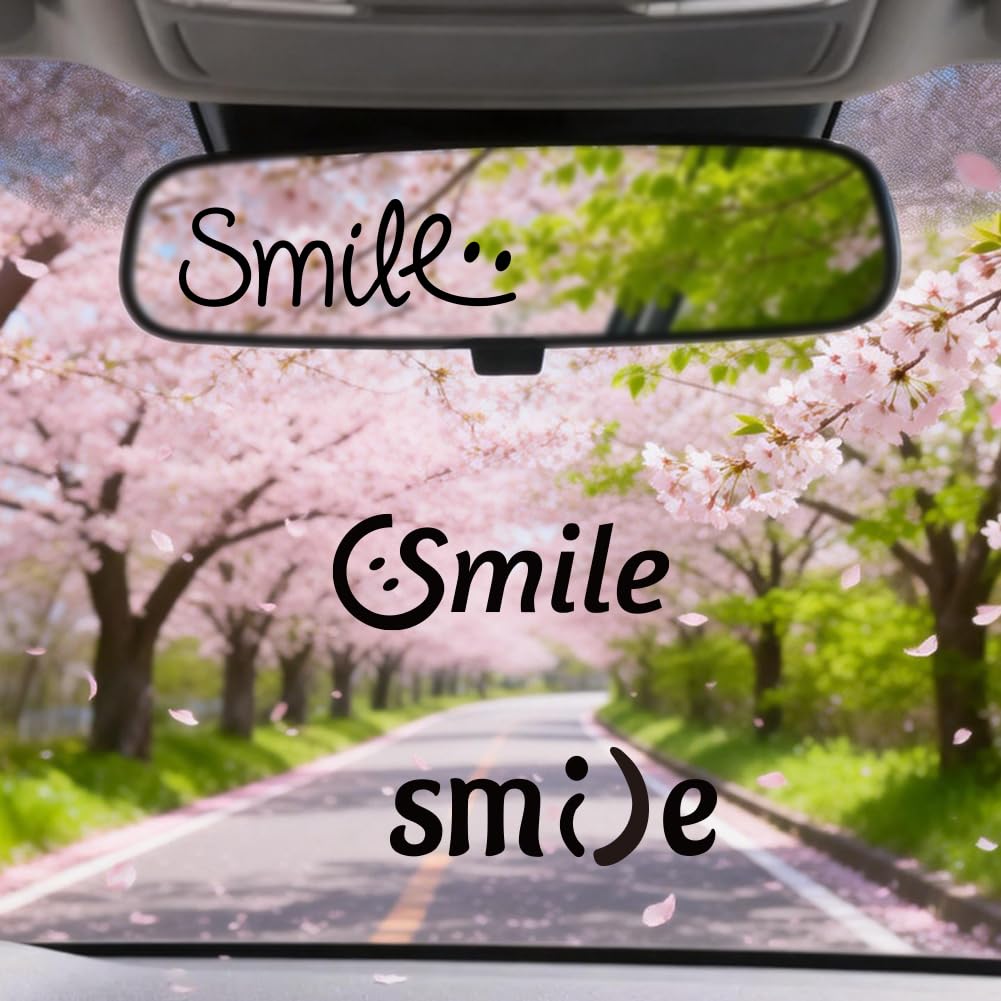 PRESSINART 6Pcs 3 Styles Rear View Mirror Sticker Words 2 x 4 Inch Black Waterproof Vinyl for Cars Auto Trucks, Smile Face Car D