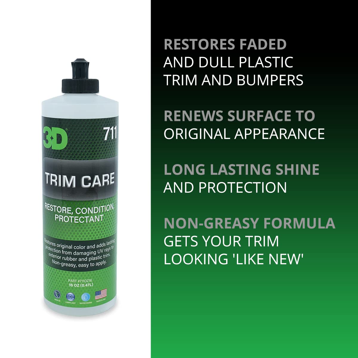 3D Trim Care Restorer - 16oz Black Rubber Surface Renewing Shine & Protection