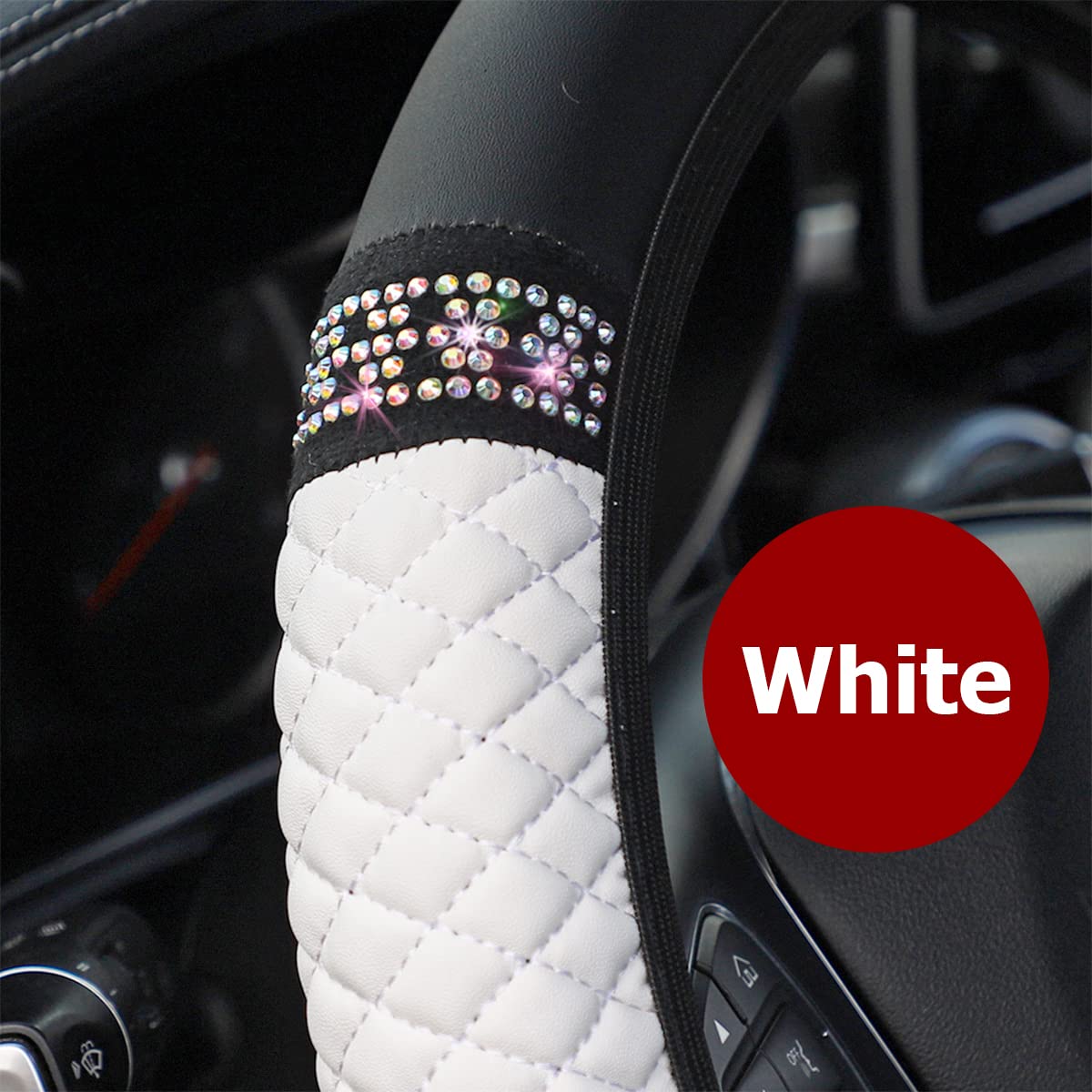 Bling Leather Steering Wheel Cover, Colorful Rhinestones Elastic Steering Wheel Protector, Pu Soft Leather With Crystal Diamond, Sparkling Car Accessories For Most Cars (White)