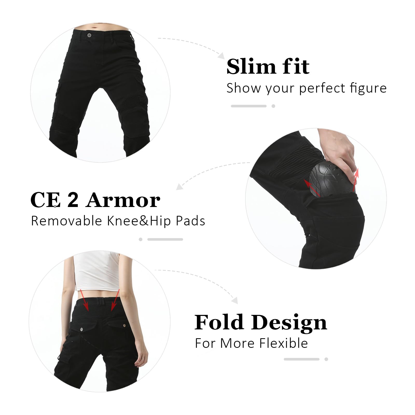 LOMENG Motorcycle Riding Pants Motorcycle Jeans Slim Fit with CE Knee Hip Removable Protectors Armor for Women Black L 32