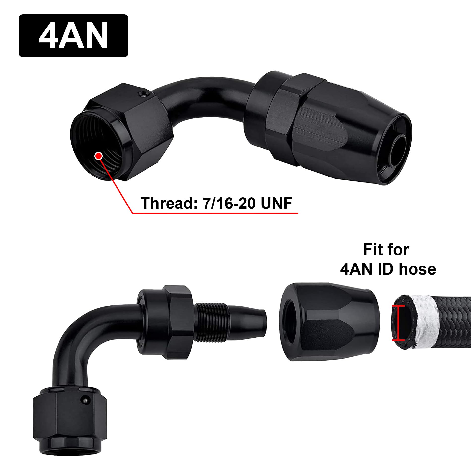 Evil Energy 4An Hose End Fitting 90 Degree Swivel For Cpe Braided Hose Black 2Pcs