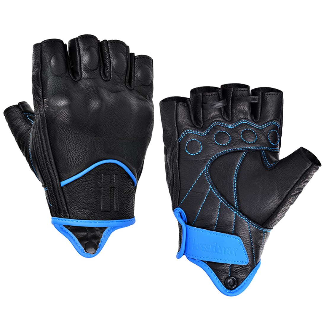 Harssidanzar Fingerless Motorcycle Gloves For Mens Leather Riding Driving Half Finger Gloves Gm037, Black/Blue, Size Small