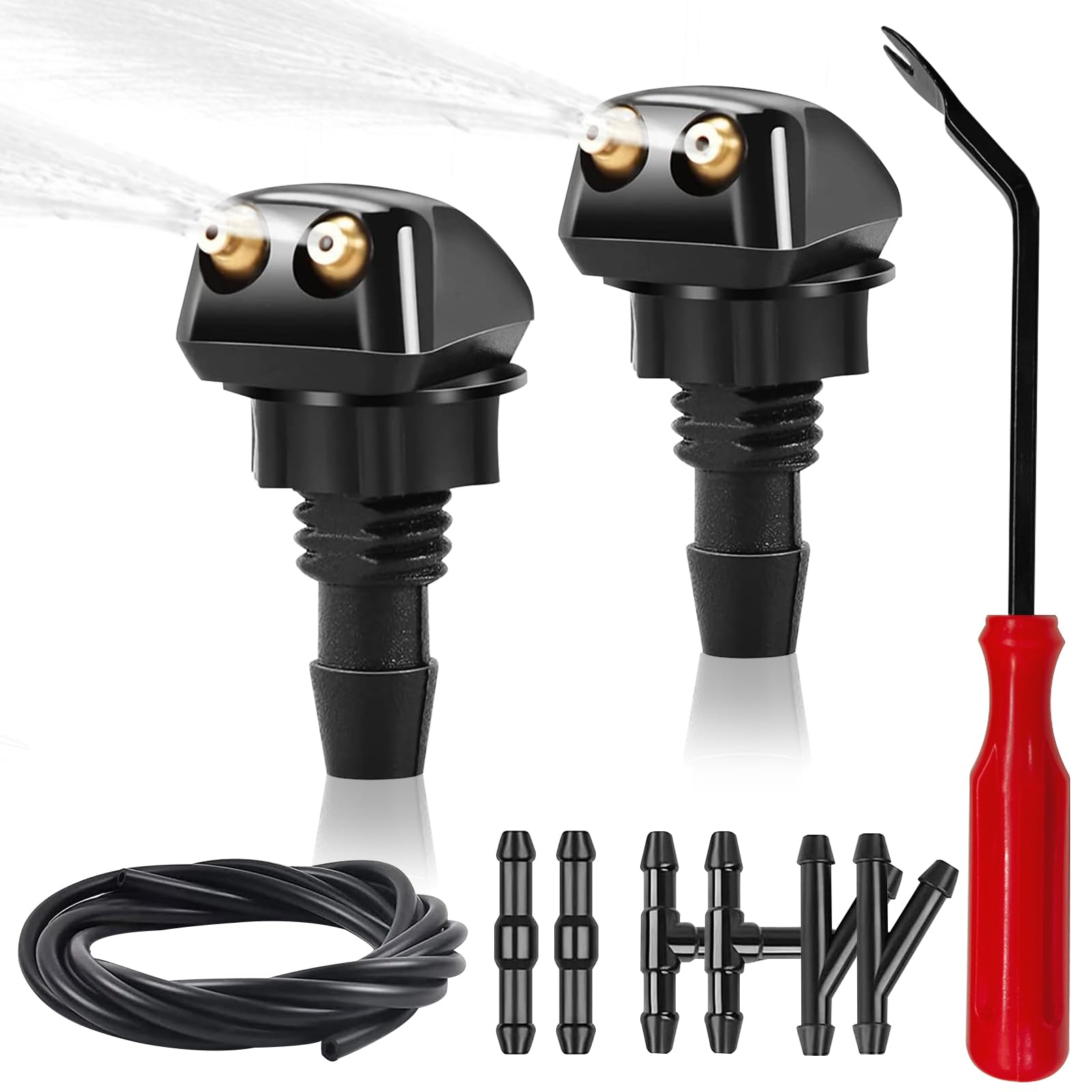 Xbrtaia 2 Pack Front Windshield Washer Nozzles Including Adapters And Hoses, Front Windshield Washer Nozzle Kit,Windshield Washe