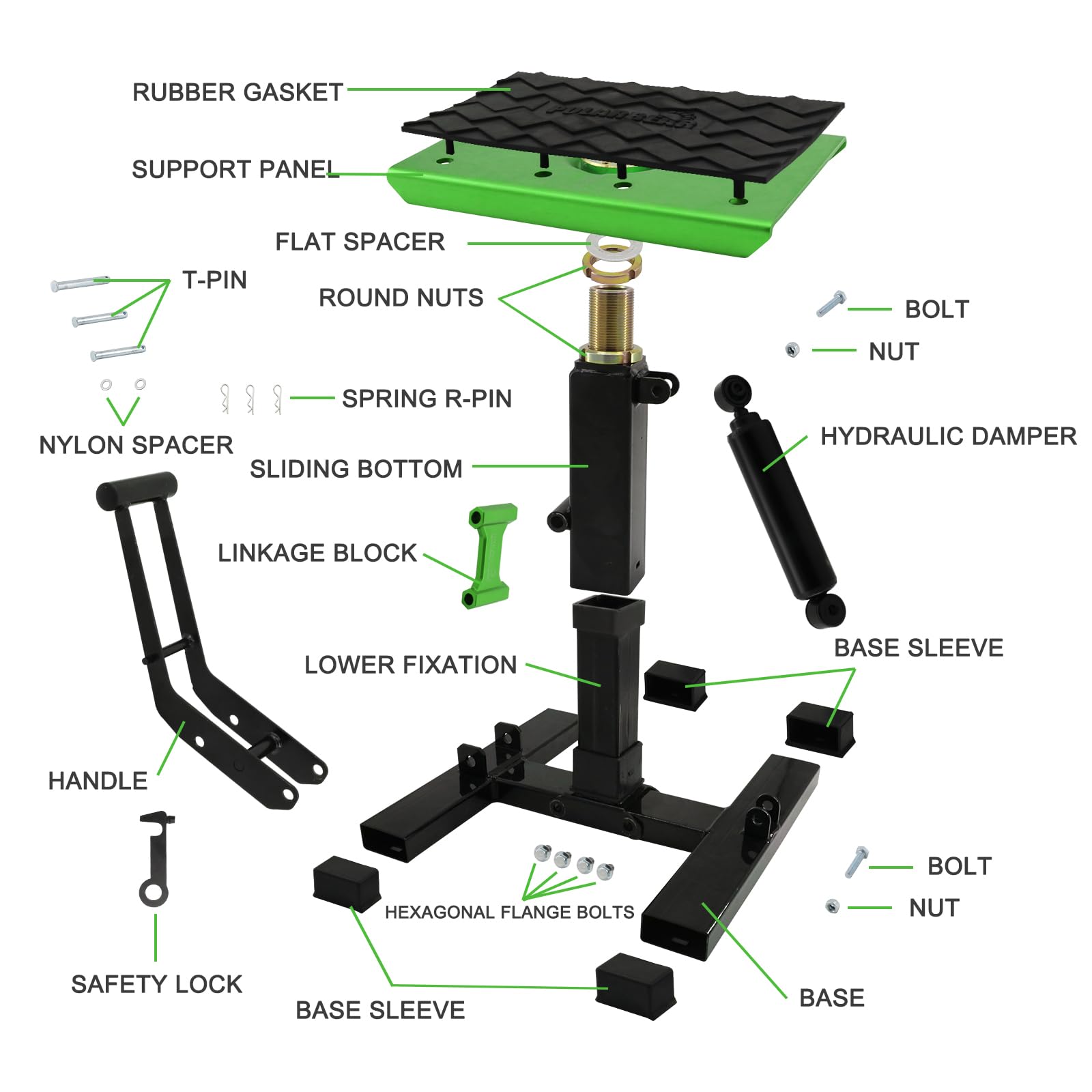 POLARBEAR Hydraulic Dirt Bike Stand - 1200LB Capacity, Adjustable Height, Aluminum Jack Stand, Green, Model 8201001