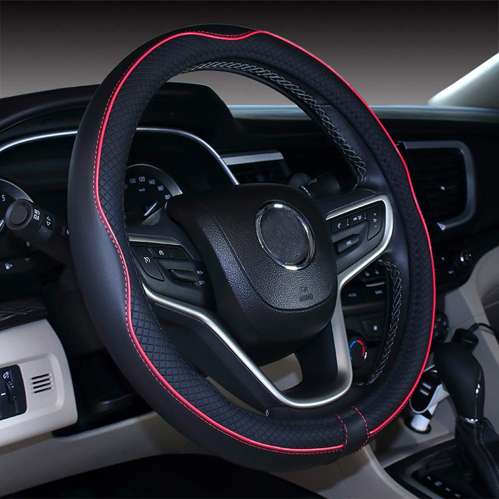 Mayco Bell Small Size Steering Wheel Cover Anti-Slip,Safety,Soft,Breathable,Durable,Full Surround,Comfortable Grip Microfiber Leather (14-14.25 Inch,Black Red)