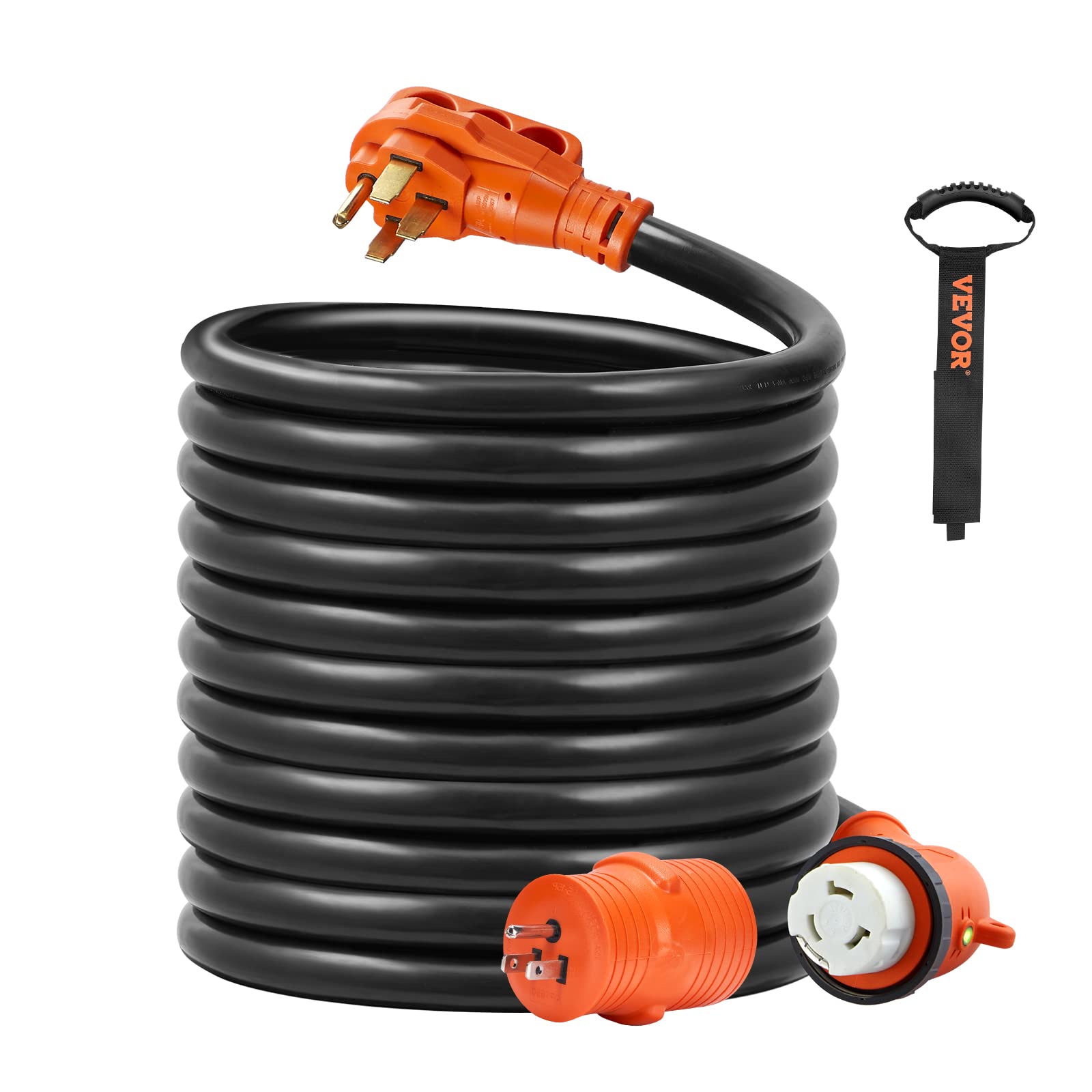 VEVOR 15 Feet RV Power Cord, 30 Amp, Heavy Duty STW 3 * 10AWG Generator Cord, NEMA TT-30P Male NEMA L5-30R Female Plug, with LED Indicator Handle 15A Adapter, for RVs, ETL Listed -Like New