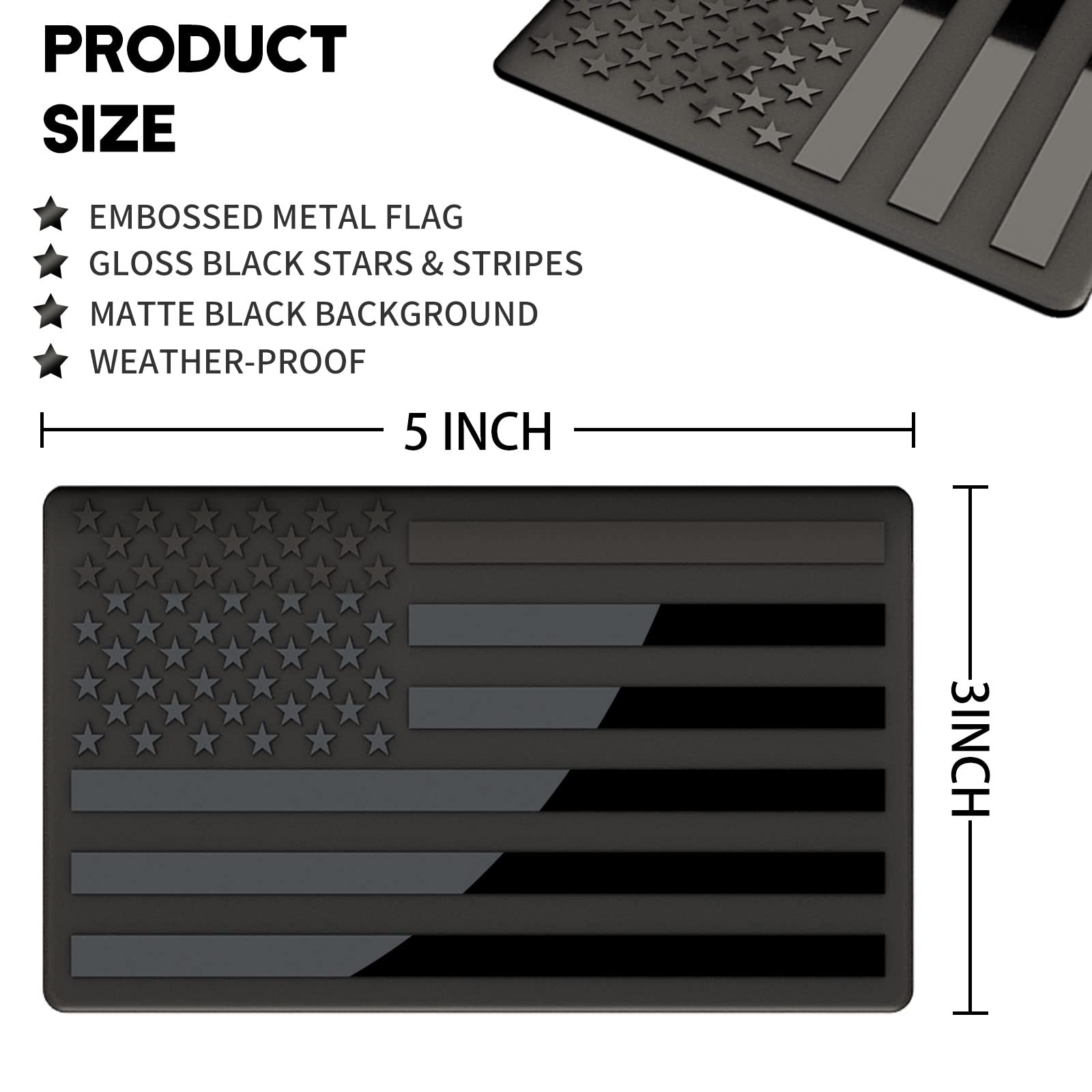 Sticro 3D Metal Black American Flag Decal Stickers, 5"x3", Matte Black, 2 Pairs, Aluminum Bumper Stickers for Cars, Trucks, Motorcycles