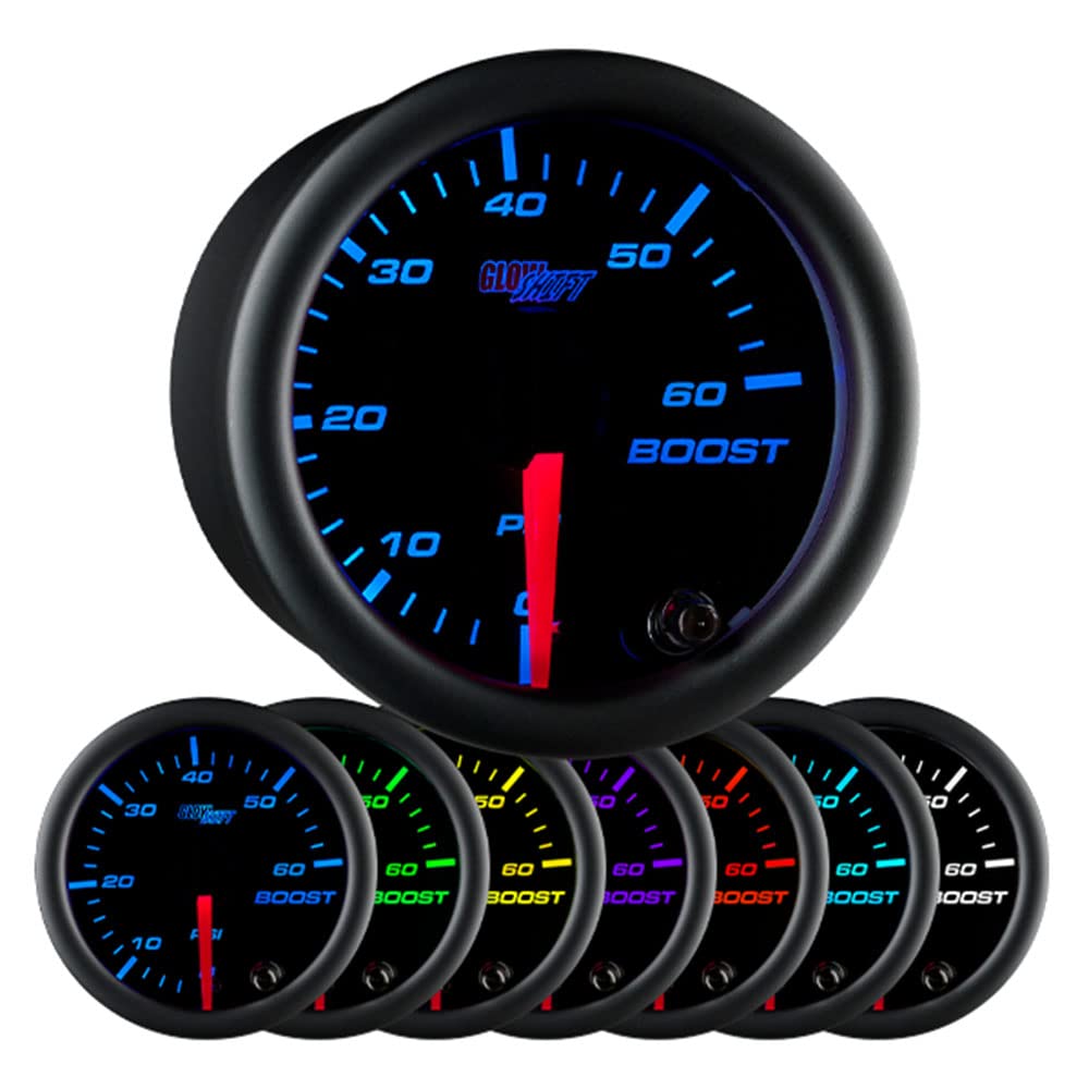 Glowshift Black 7 Color 60 Psi Turbo Boost Gauge Kit - Includes Mechanical Hose & Fittings - Black Dial - Clear Lens - For Diese