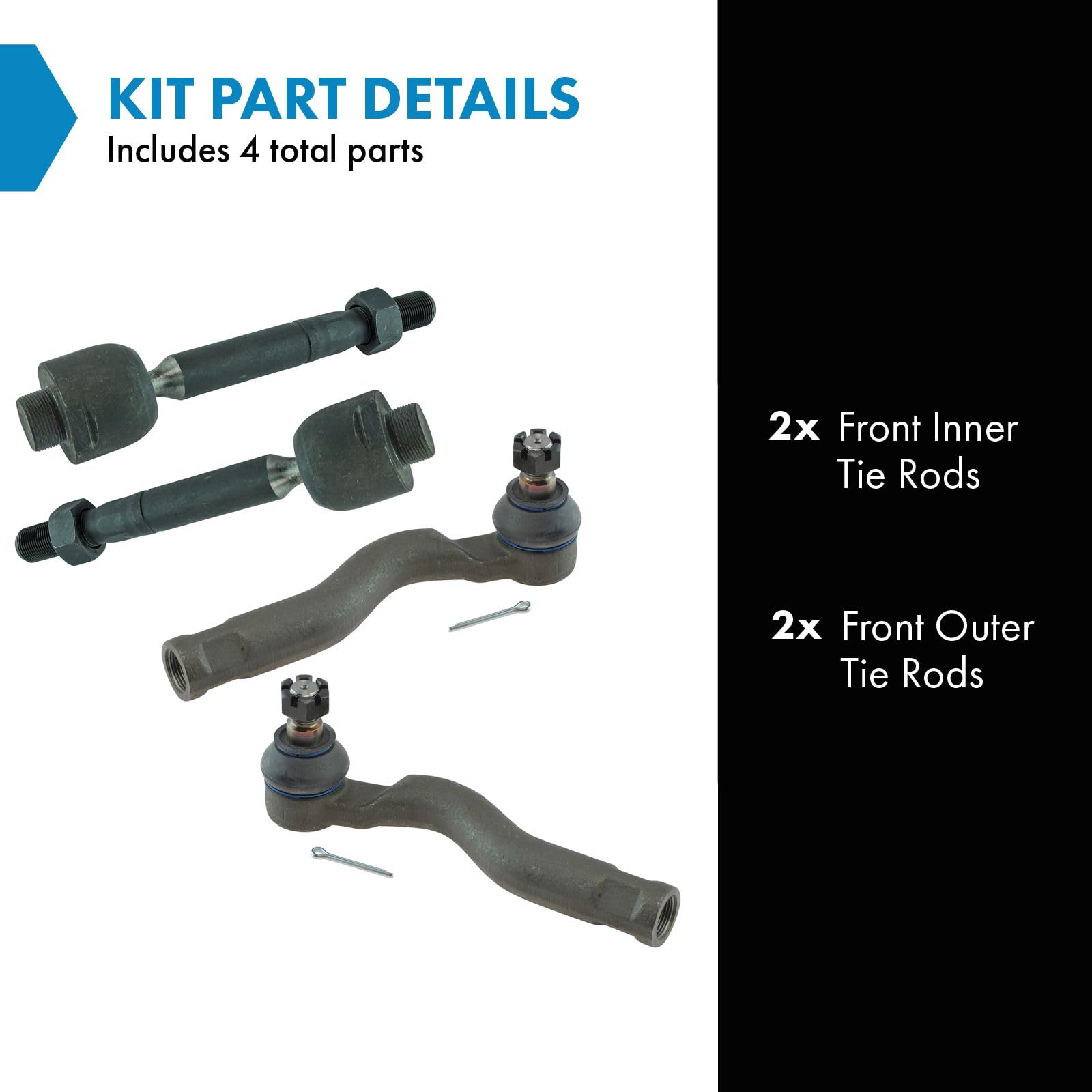 TRQ Tie Rod Set - 4 Piece Inner & Outer for 2007-21 Toyota Tundra, 2008-22 Sequoia, Model PSA55536