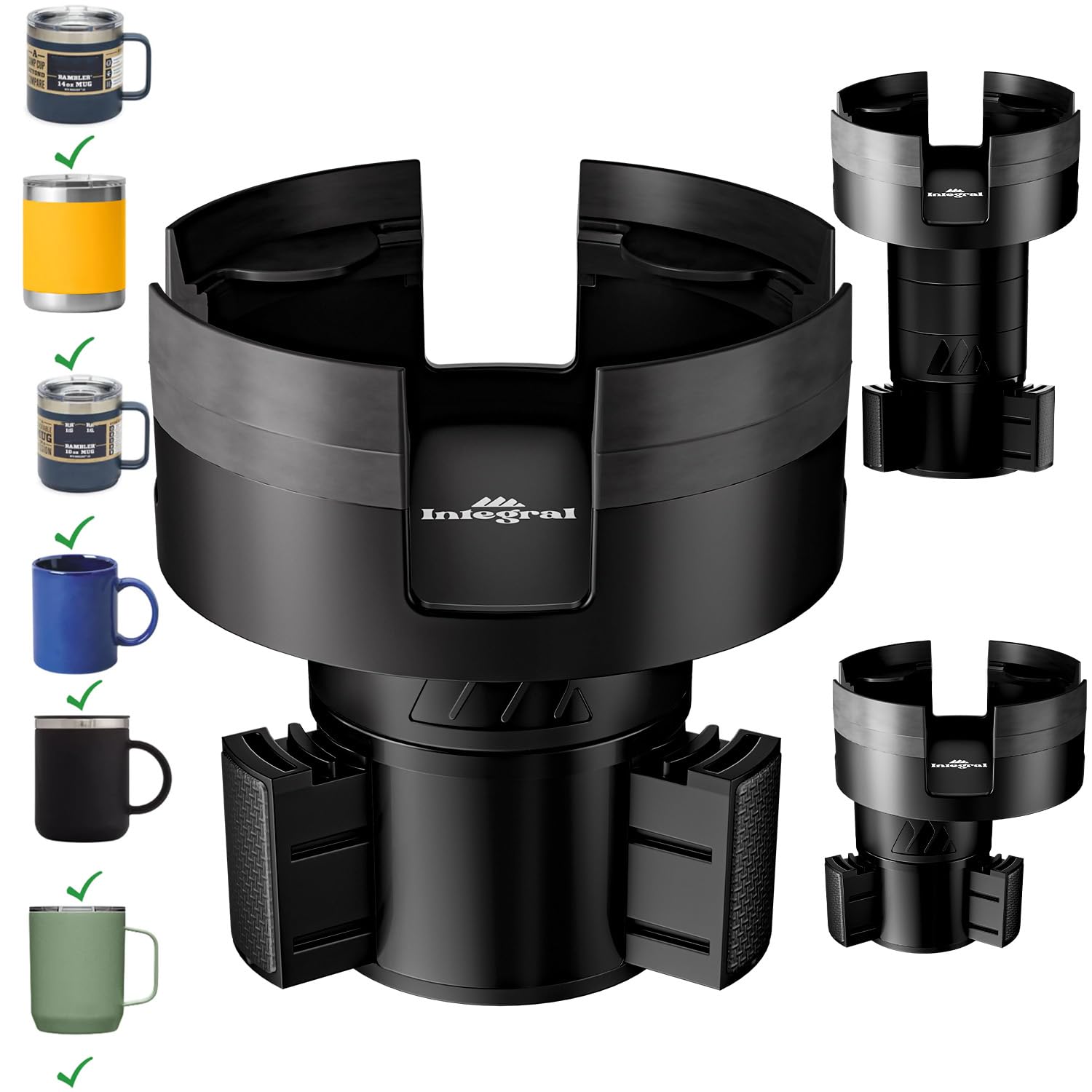 Integral Expandable Mug Holder - YETI 14oz Rambler Cup Holder - Car Cup Holder Expander With Adjustable Base - Rubber Tabs Hold 