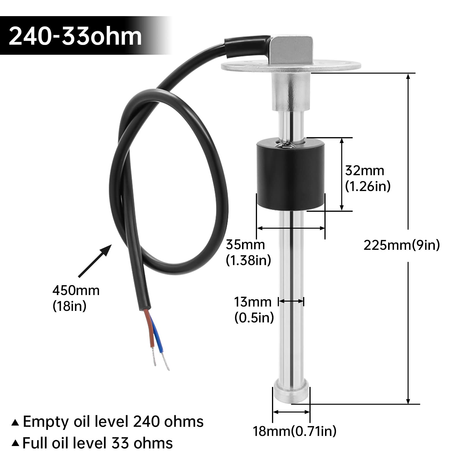 ARTILAURA Fuel Sending Unit and Gauge Kit, 240-33ohms 9'' (225mm) Boat Marine Fuel Tank Sender Stainless Steel Gas Sensor for Ca