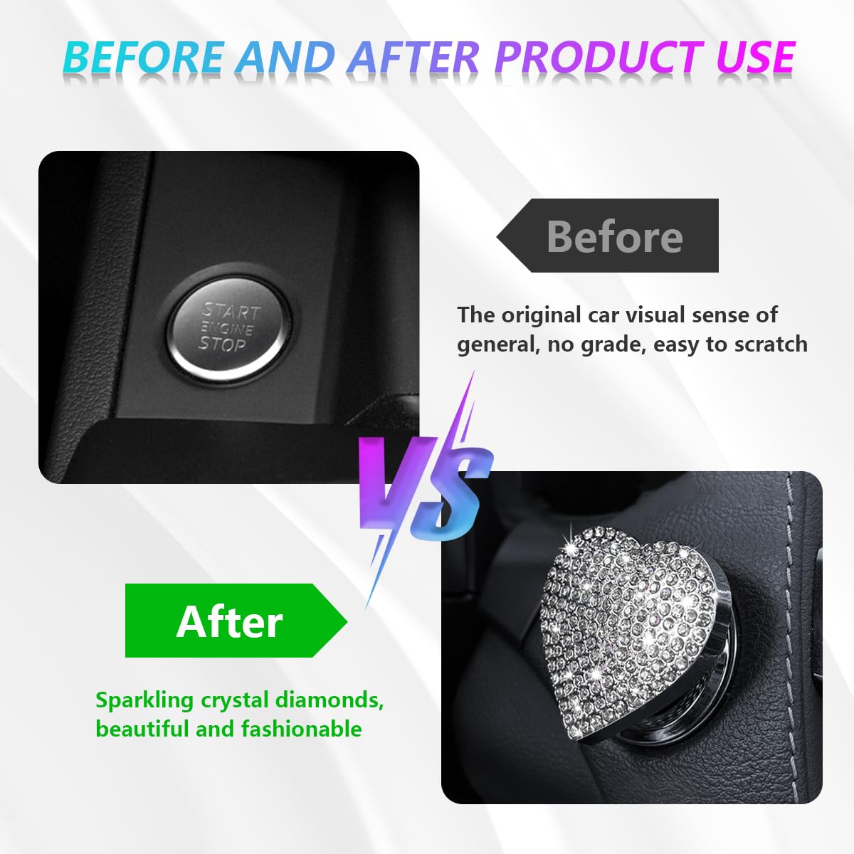 Sylvil Bling Car Engine Start Button Cover, White Rhinestone Decal for Women, Sparkly Heart Shape Ignition Accessory