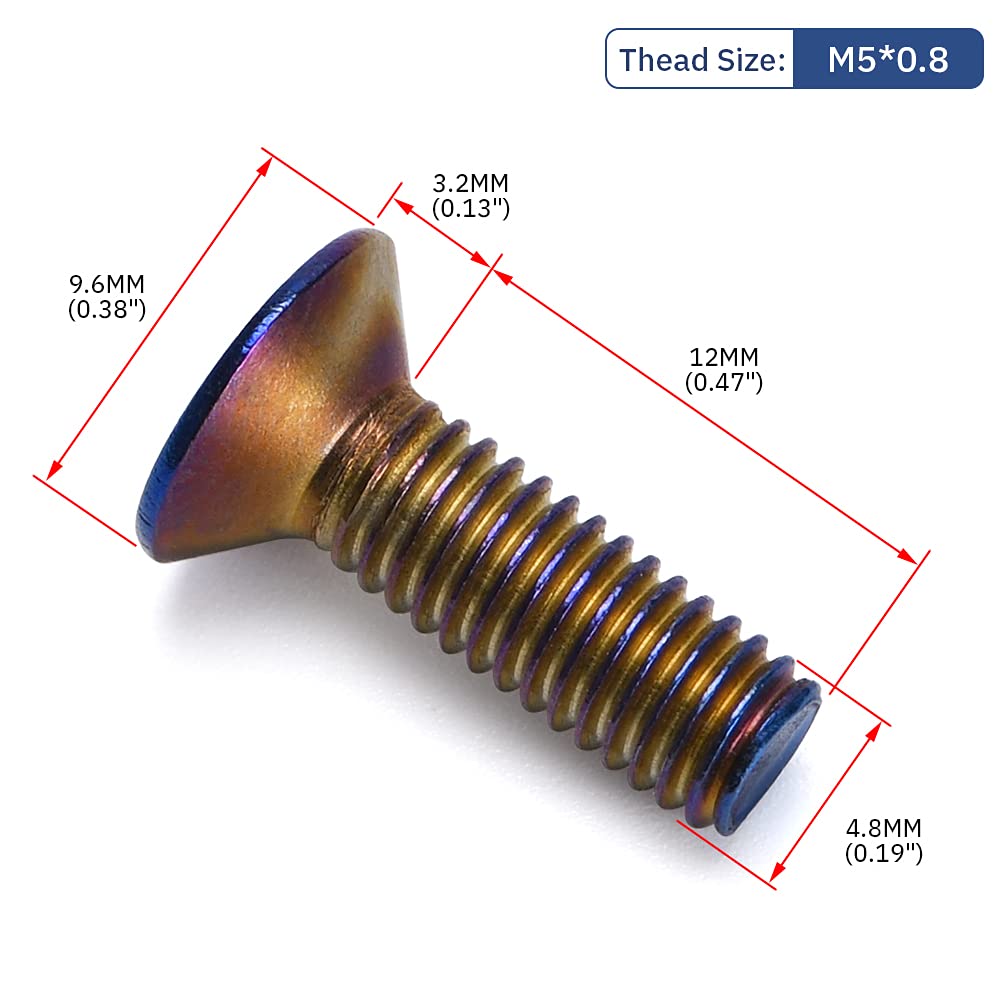 PQY Steering Wheel Screw Bolts - 6pcs Taper M5×0.8, 15mm Flat Head, Aluminum, Burnt Titanium Finish, Blue