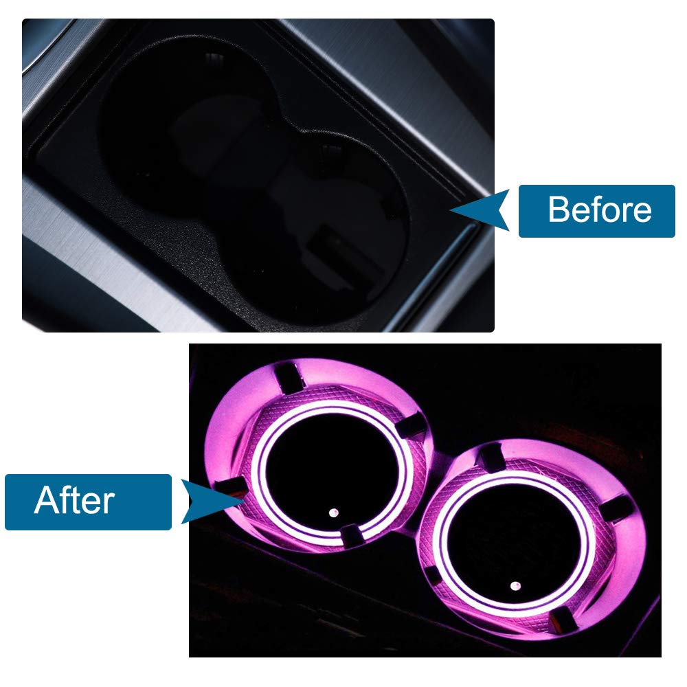 ACODABLEM 2 Pack LED Cup Holder Lights, Car Coaster with 7 Colors Changing USB Charging Mat, Luminescent Cup Pad Interior Atmosp