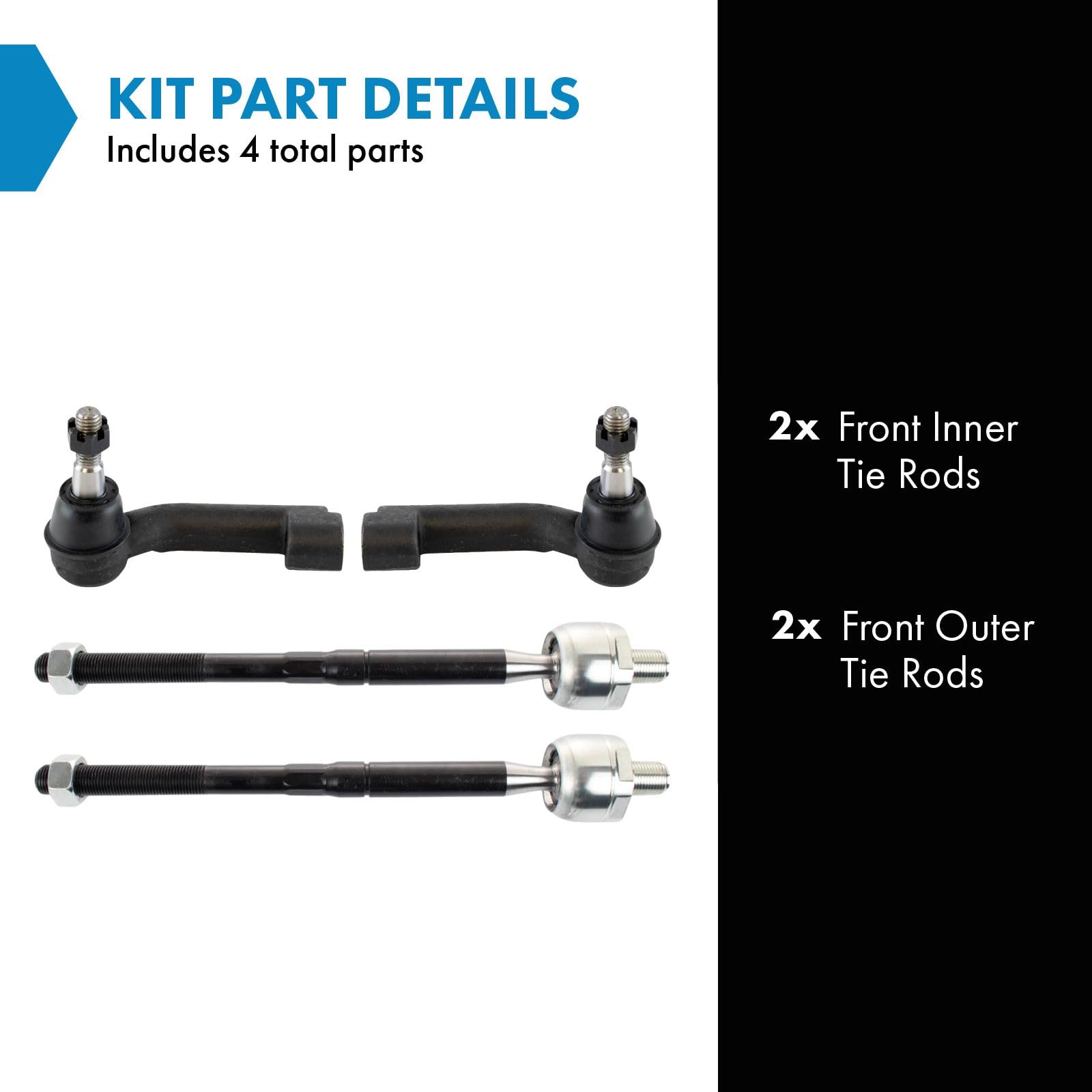 TRQ Tie Rod Set - 4 Piece Inner/Outer for 15-20 Ford F-150, 15-21 Expedition & Navigator, Model PSA34649