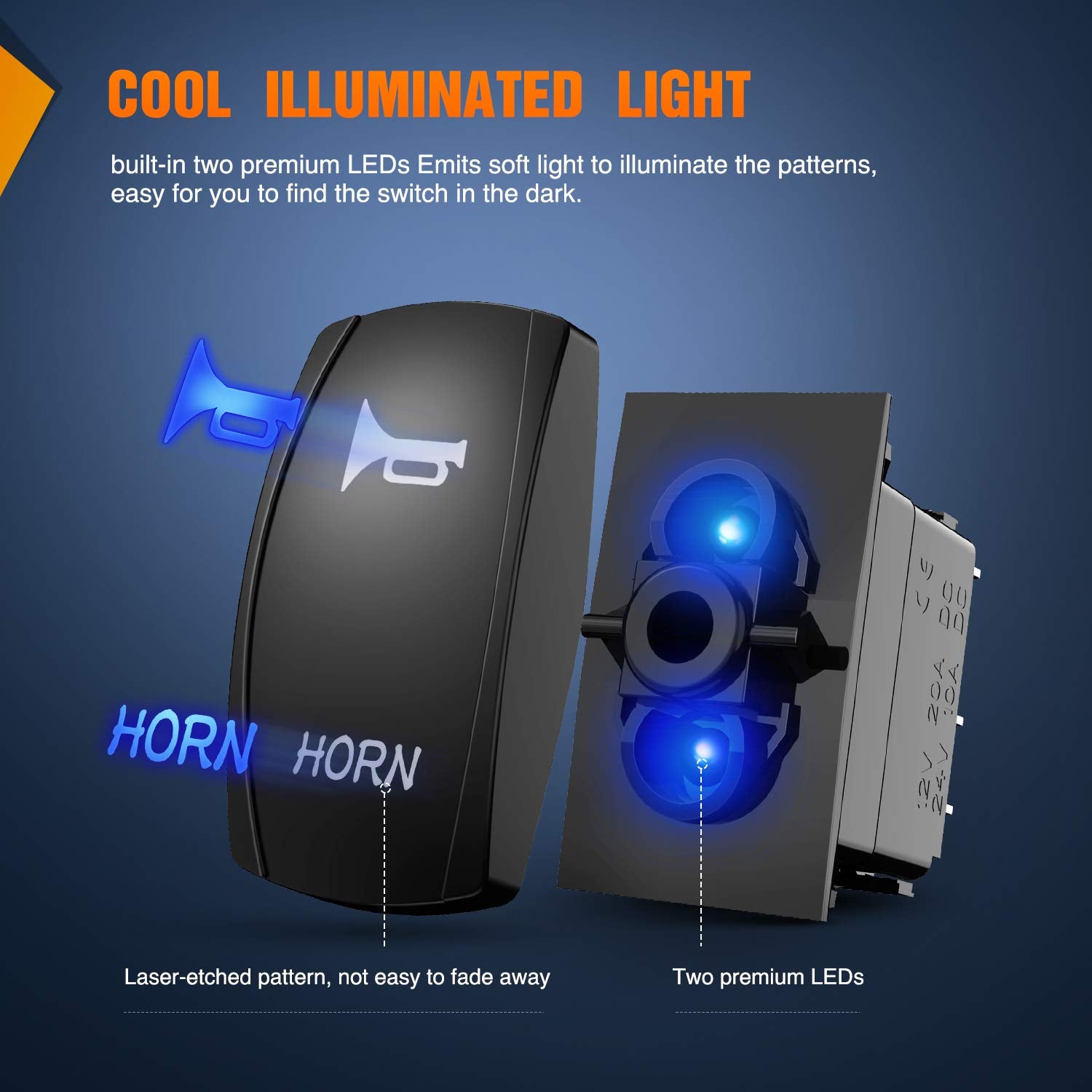 Nilight Horn Switch Momentary Laser Rocker Switch 5PIN On/Off LED Light 20A/12V 10A/24V Switch with Jumper Wires Set for Cars Je