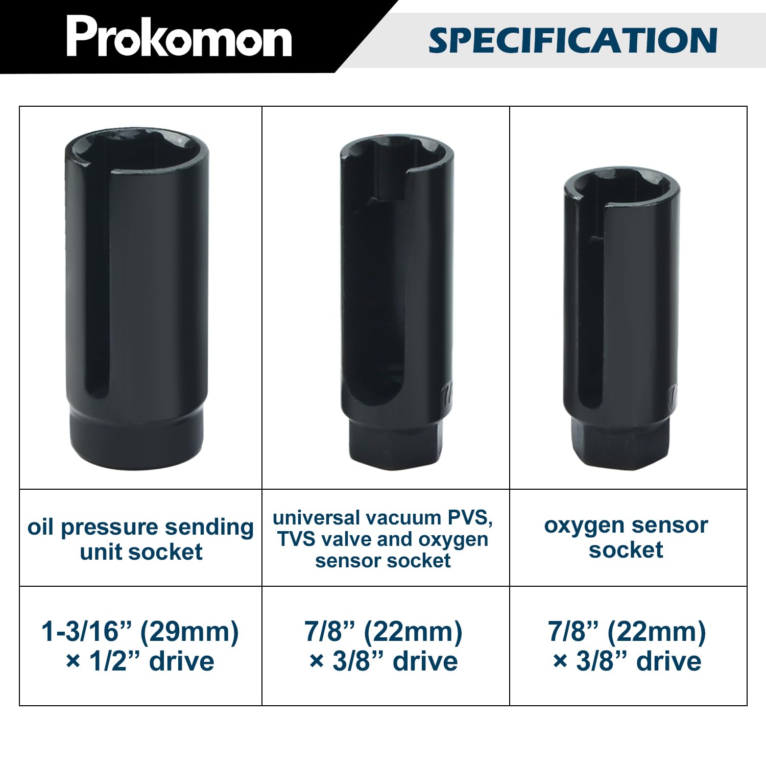 Prokomon O2 Sensor Socket Set - 10pcs Oil Pressure Sensor Wrench Kit, Molybdenum Steel, 1/2" & 3/8" Drives, Model PT